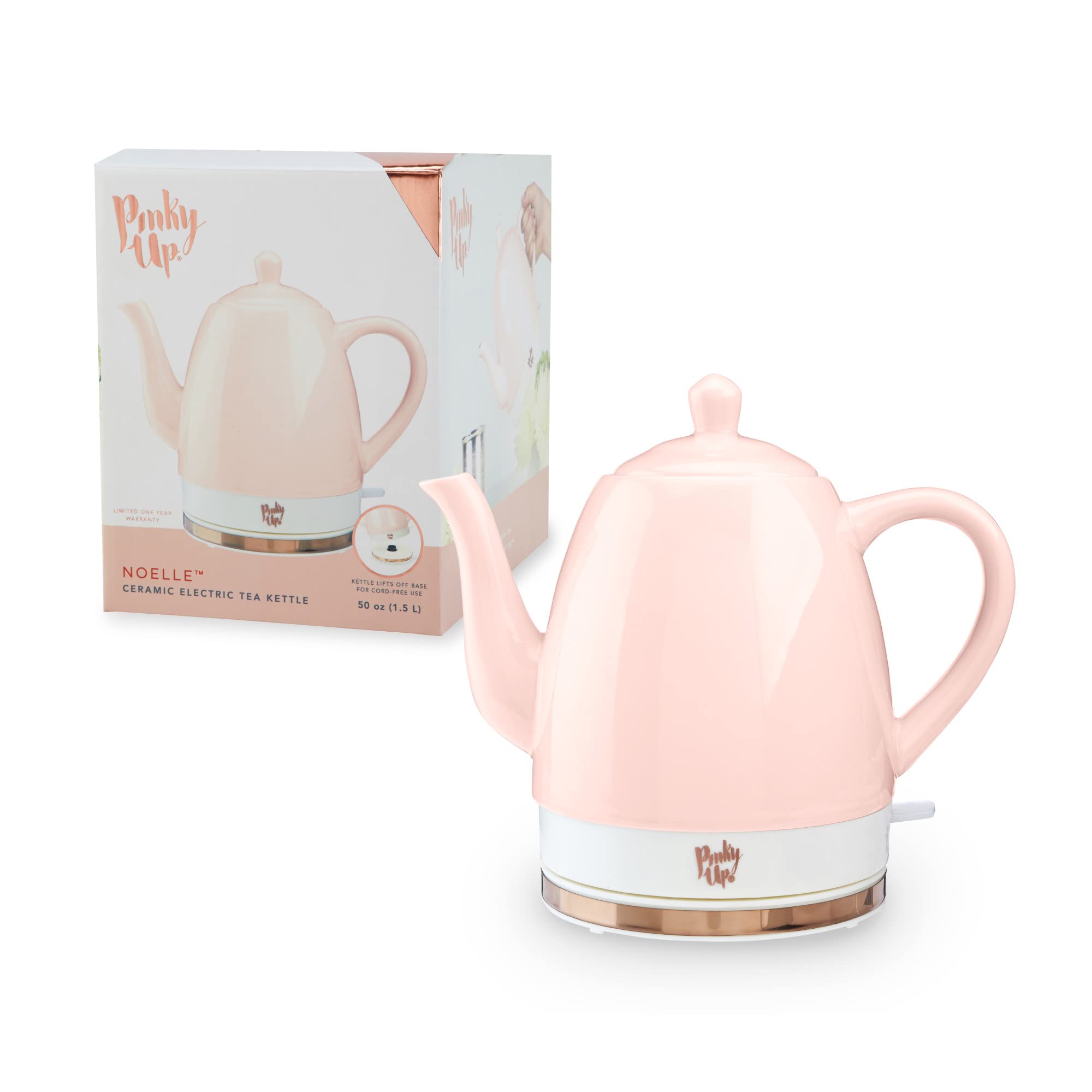 Pinky Up Noelle 1.5 L Pink Electric Ceramic Kettle With Gooseneck, Cute Water Boiler For Hot Teas And Pour Over Coffee, Blush Wi