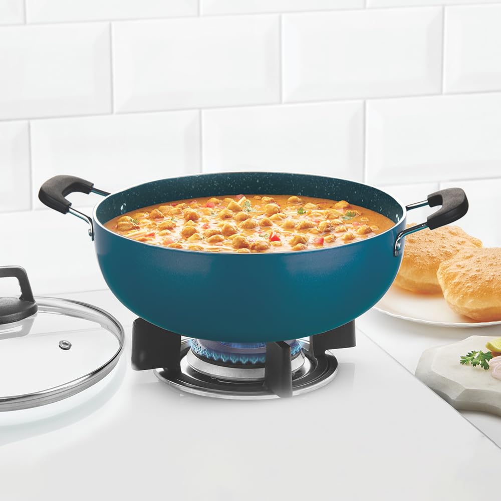 Borosil Prochef Non-Stick Aluminum Kadhai With Lid 22 Cm | Gas Stove Compatible, Thick Uniform Body For Even Heating, Dishwasher