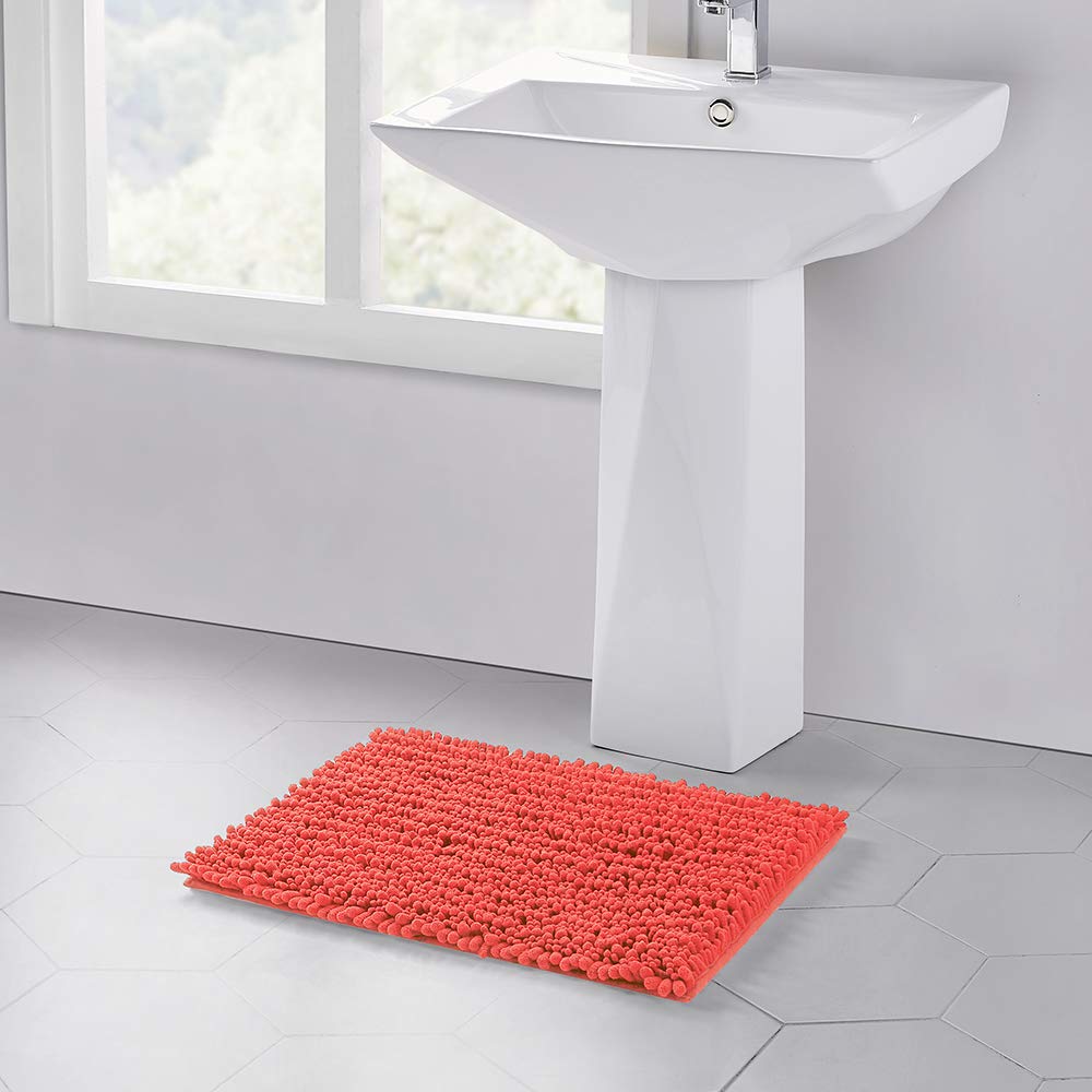 Walensee Bathroom Rug Non Slip Bath Mat (24X17 Inch Coral) Water Absorbent Super Soft Shaggy Chenille Machine Washable Dry Extra