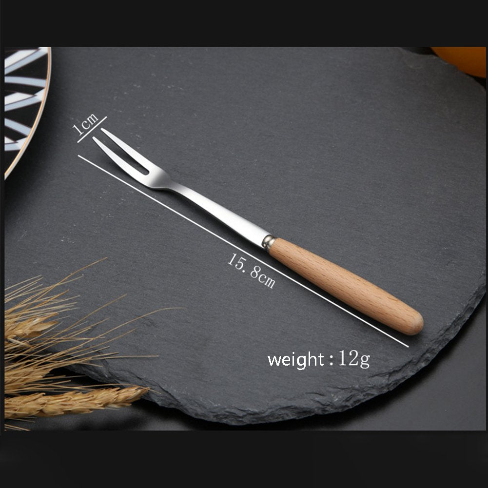 6 Pcs Wooden Handle Stainless Steel Two Prong Forks Fruit Cake Appetizer Forks