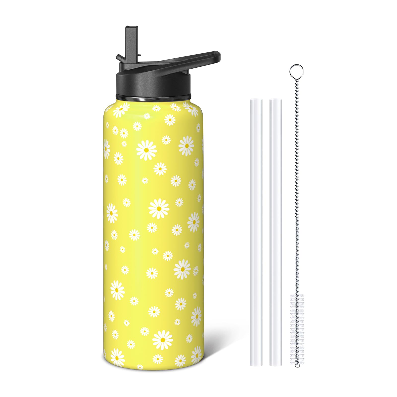 Aokoyi Yellow Daisy Floral 40oz Sport Water Bottle with Flip Straw & Lid