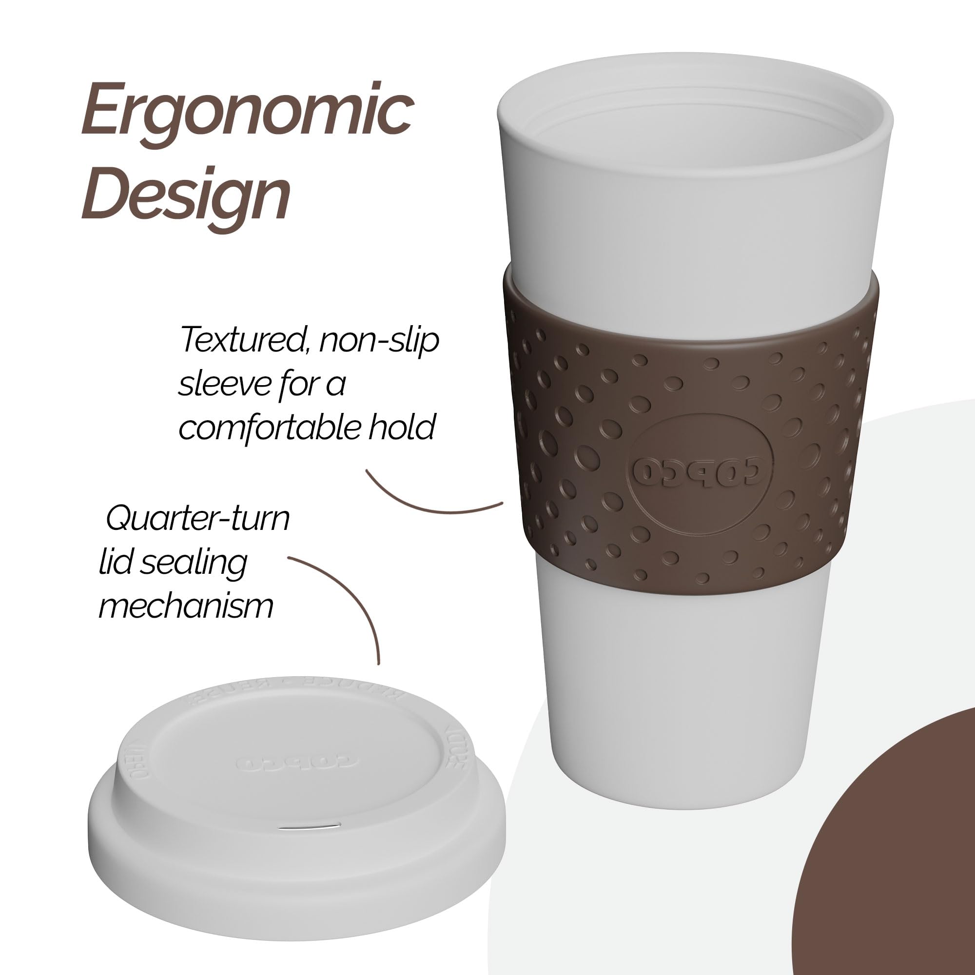 Copco Acadia Double Wall Insulated Plastic, Travel Mug With Non-Slip Sleeve, 16-Ounce, White/Brown