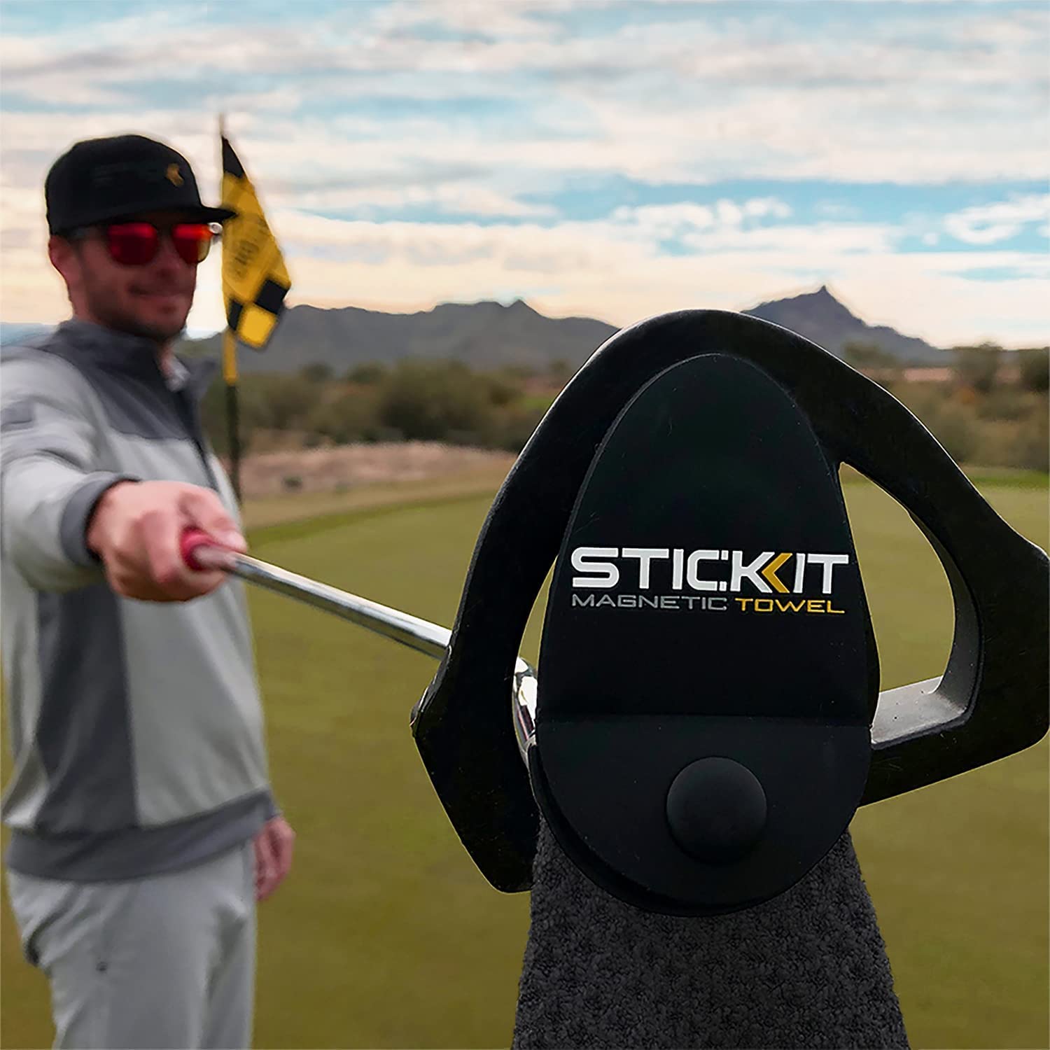 STICKIT Magnetic Golf Towel  Black  2-Pack  Top-Tier Microfiber Golf Towel with Deep Waffle Pockets  Industrial Strength Magnet for Strong Hold to Golf Carts or Clubs