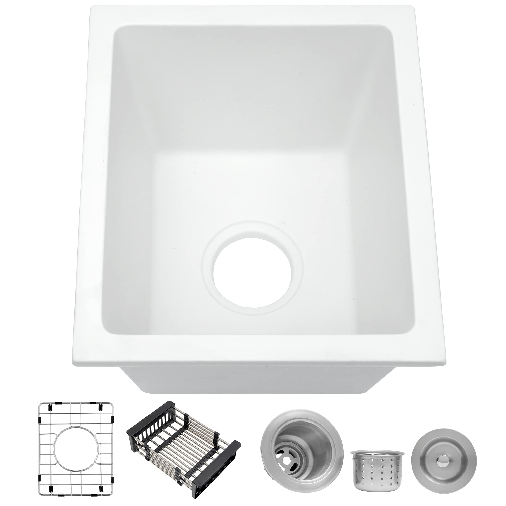 MILOSEN Small White Bar Sink 13  15 Inch, Undermount Wet Bar Prep Sink for RV Kitchen, Single Bowl Granite Composite Design with
