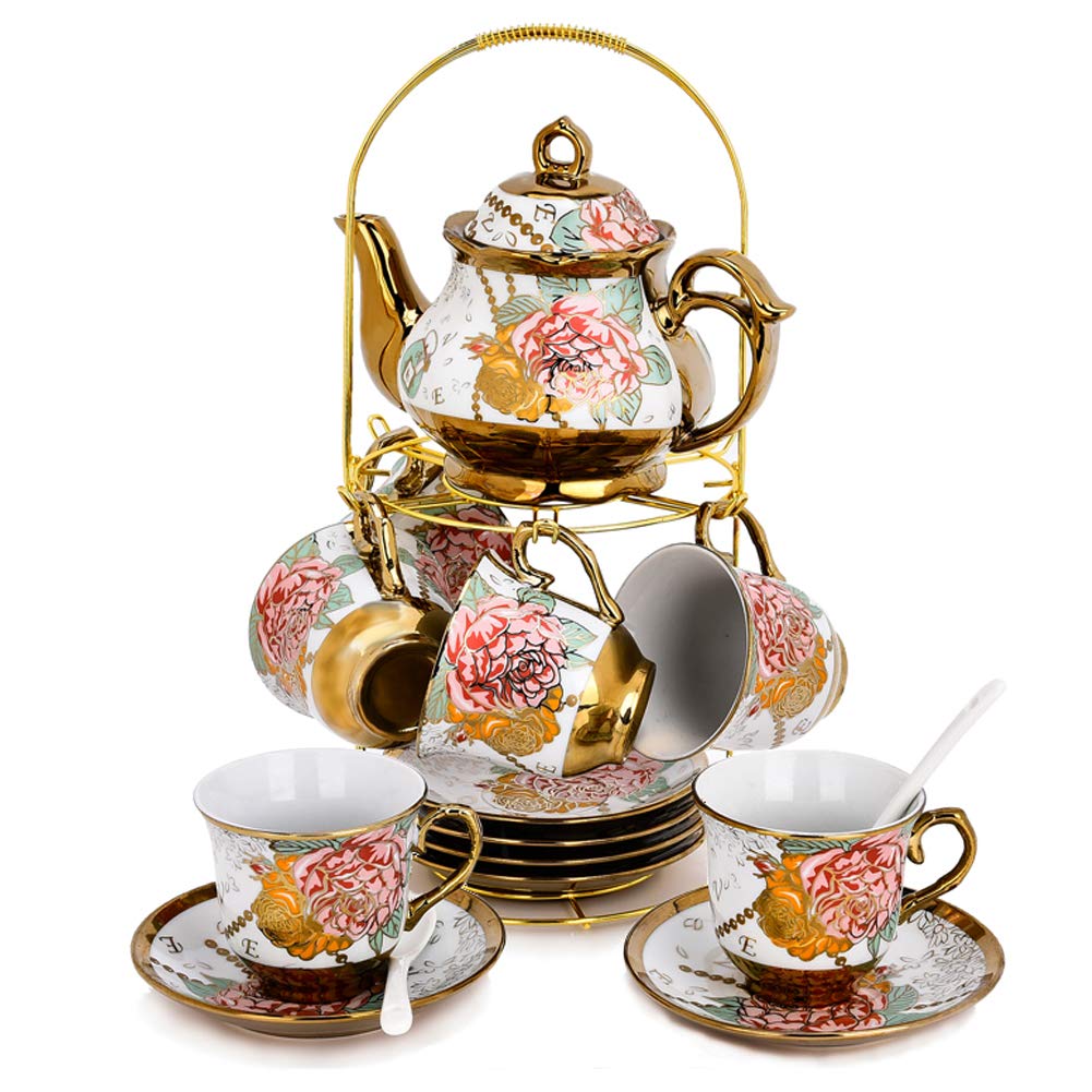 Dagibaycn 20 Piece European Ceramic Tea Set Coffee Set Porcelain Tea Setwith Metal Holder,Flower Tea Set Red Rose Painting,160Ml