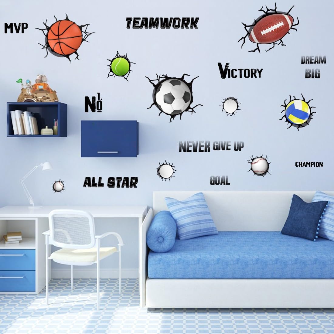 Yimehdan 3D Sport Balls Wall Decals, Football, Volleyball, Rugby, Basketball, Tennis Vinyl Wall Stickers, Removable Sports Break