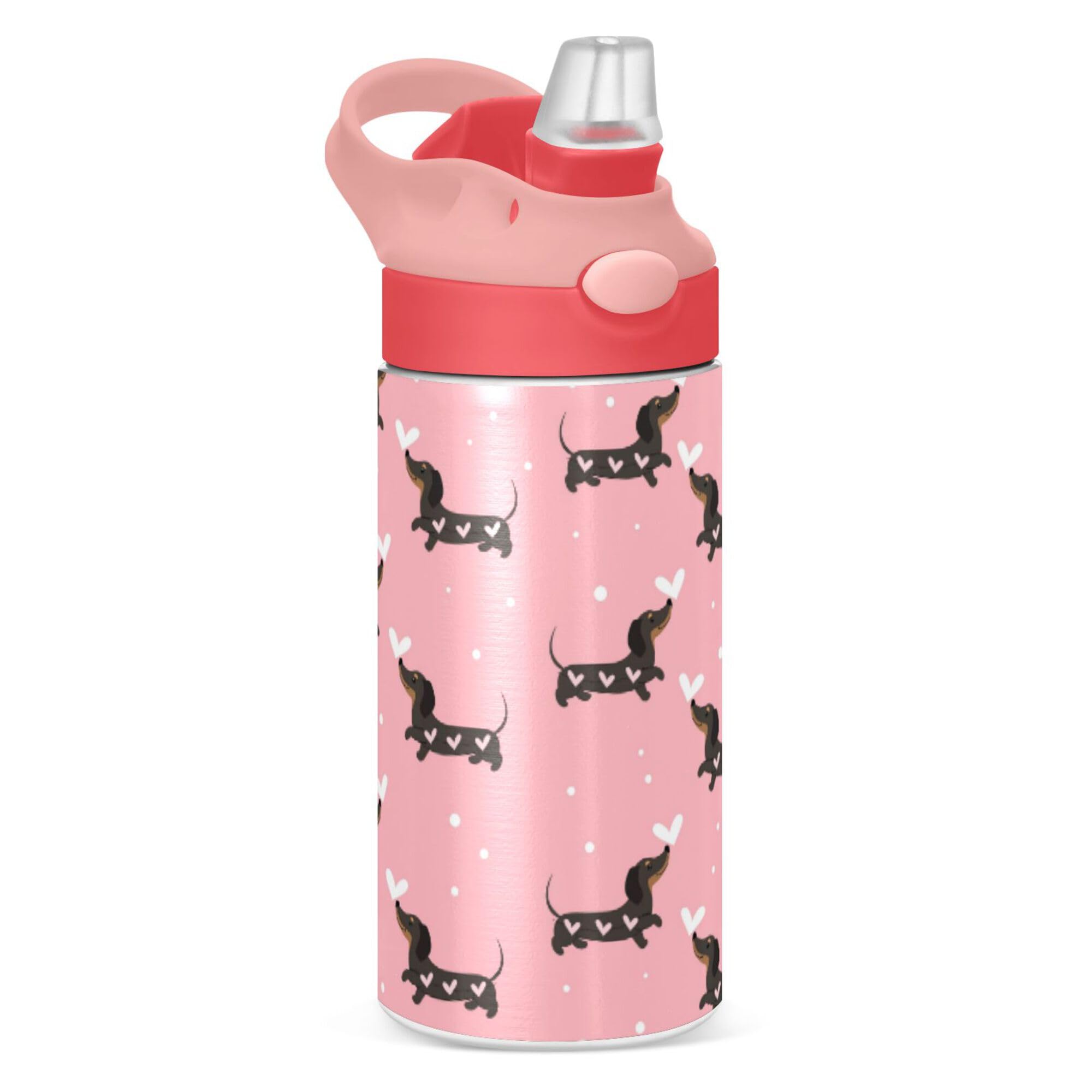 Pink Love Dachshund Dogs Kids Water Bottle with Straw and Carry Handle Cute Puppy Dog Vacuum Insulated Stainless Steel Bottles L