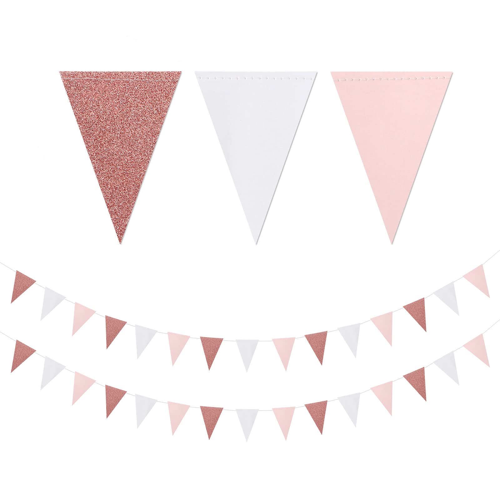 Pink-White Rose-Gold Party Decorations Banner - 2 Pack Engagement Baby Bridal Shower Paper Pennant Triangle Flags, Girl Birthday