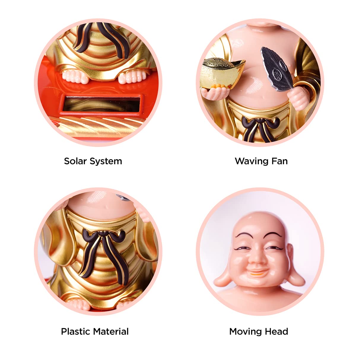 Shubhanjali Feng Shui Waving Fan and Ignot with Solar Laughing Buddha Statue for Home Decor Items Car Dashboard Accessories Gift