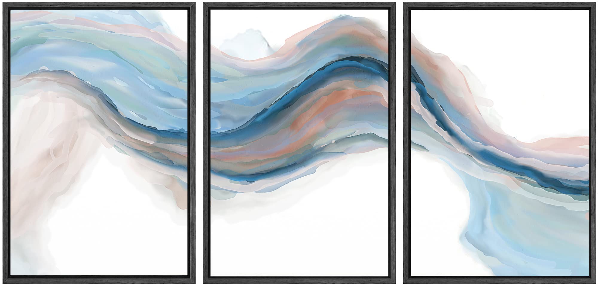 Signwin Framed Canvas Print Wall Art Set Blue Brown Pastel Watercolor Ink Wave Smoke Landscape Abstract Shapes Illustrations Mod