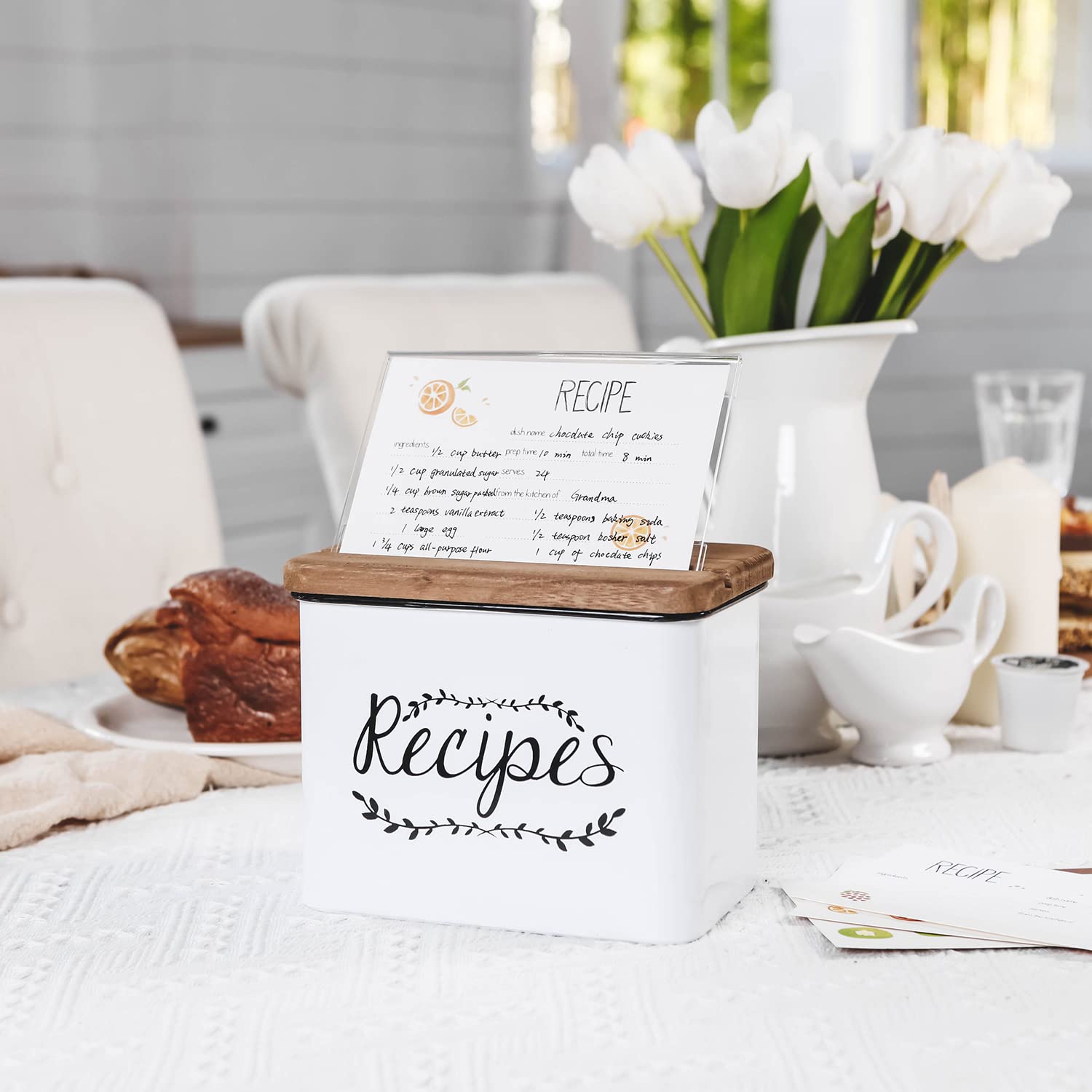 Nikky Home 4X6 Kitchen Metal Recipe Organization Box With Cards And Dividers, White