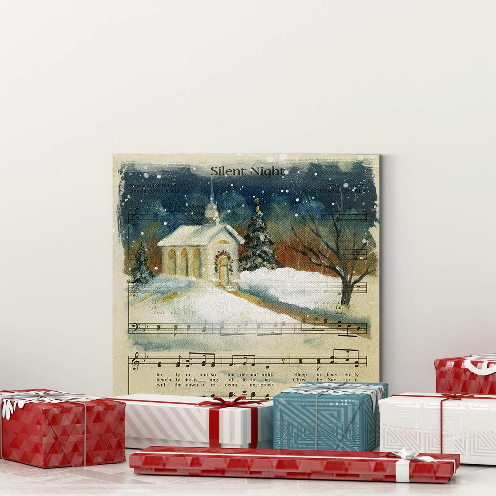 Renditions Gallery Silent Night Sheet Music Wall Art, Cute Christmas Carol & Winter Artwork, Church & Steeple, Premium Gallery W