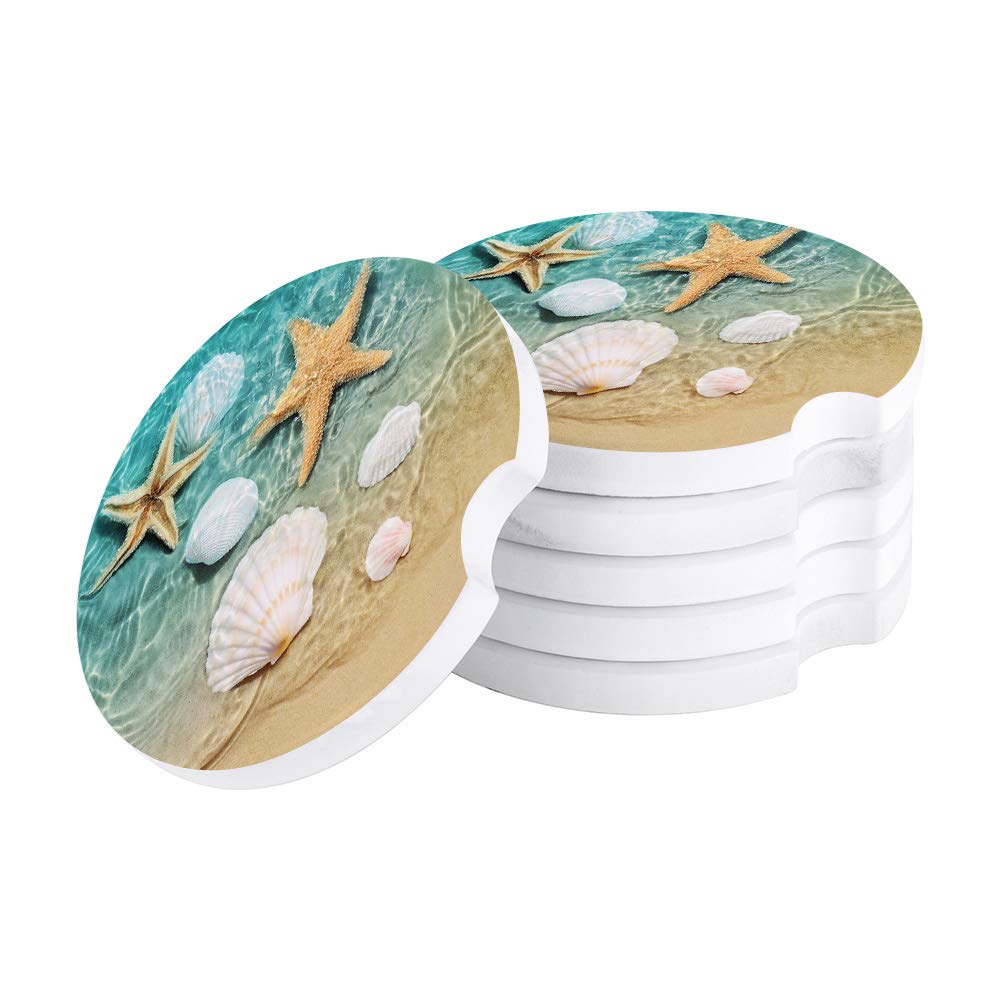 Absorbent Car Coasters For Cup Holders Fresh Beach Sand Starfish Shell, Small 2.56Inch Ceramic Stone Drink Coaster For Women Men