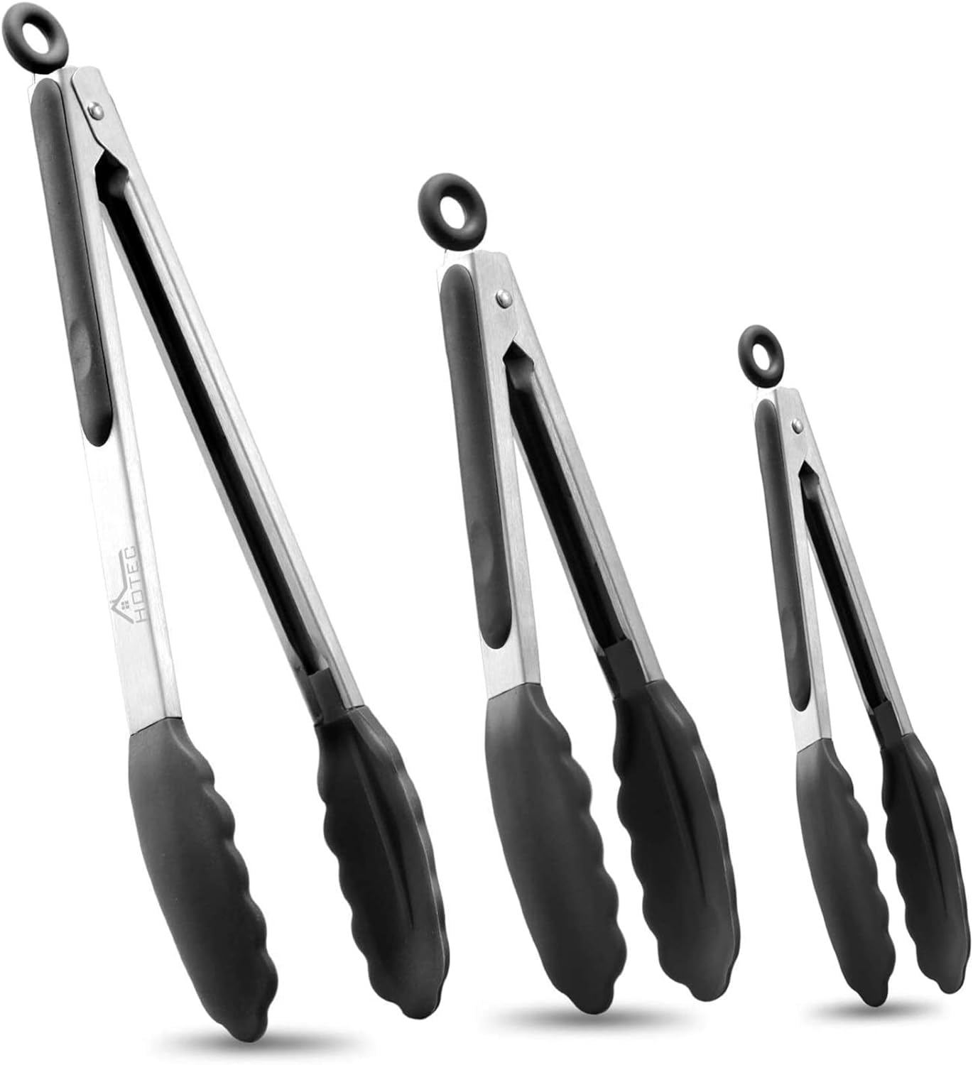 Hotec Premium Stainless Steel Locking Kitchen Tongs With Silicon Tips, Set Of 3-7'', 9'' And 12'' (Black)