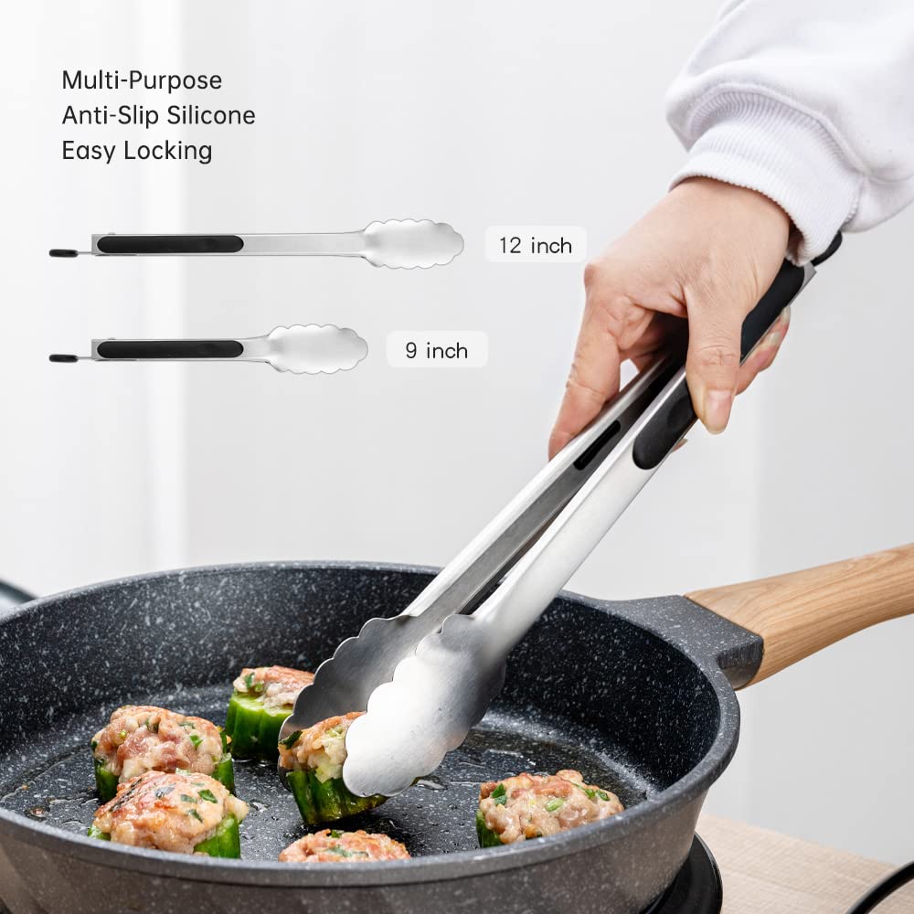 9 & 12 Inch Kitchen Tongs, Stainless Steel Metal Tongs Cooking Tongs, For Cooking Barbecue, Bbq Grilling, Buffet Serving (9''+12