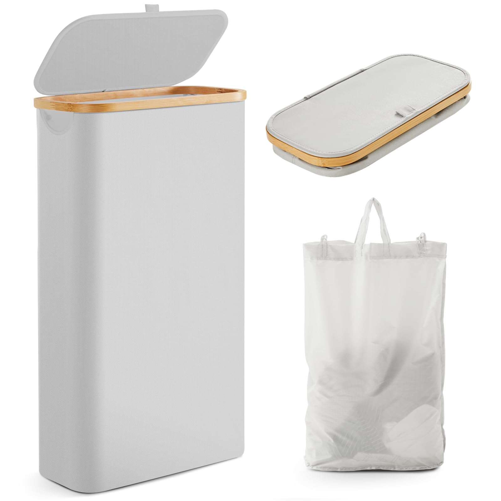 Fiona'S Magic Slim Laundry Hamper With Lid, 63L Narrow Laundry Basket With Removable Bag, Grey Collapsible Dirty Clothes Basket,