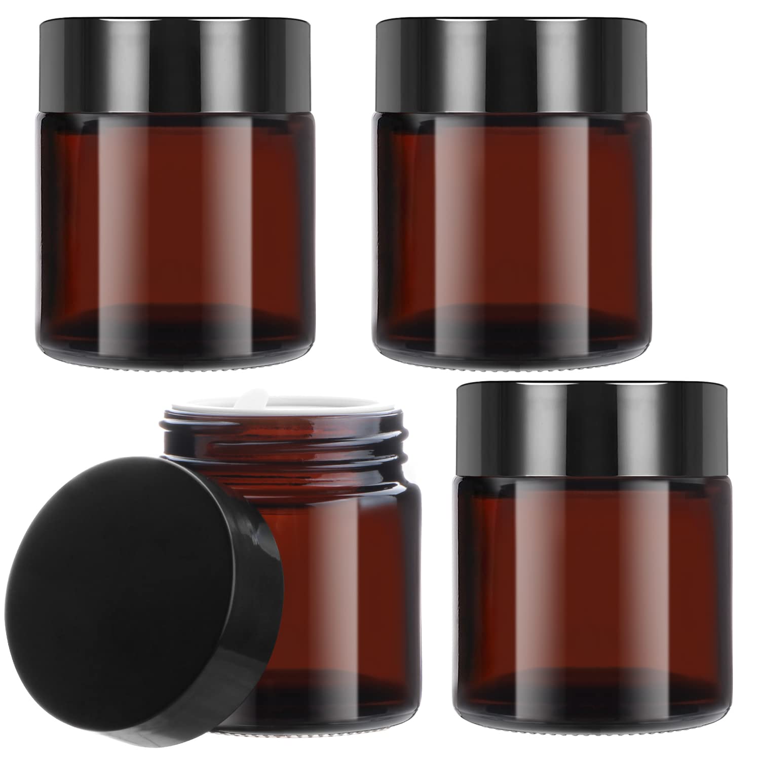 4 Pack 120Ml/4Oz Amber Glass Cream Jar Refillable Cosmetic Storage Bottle Large Sample Container Pot With Inner Liners&Black Lid