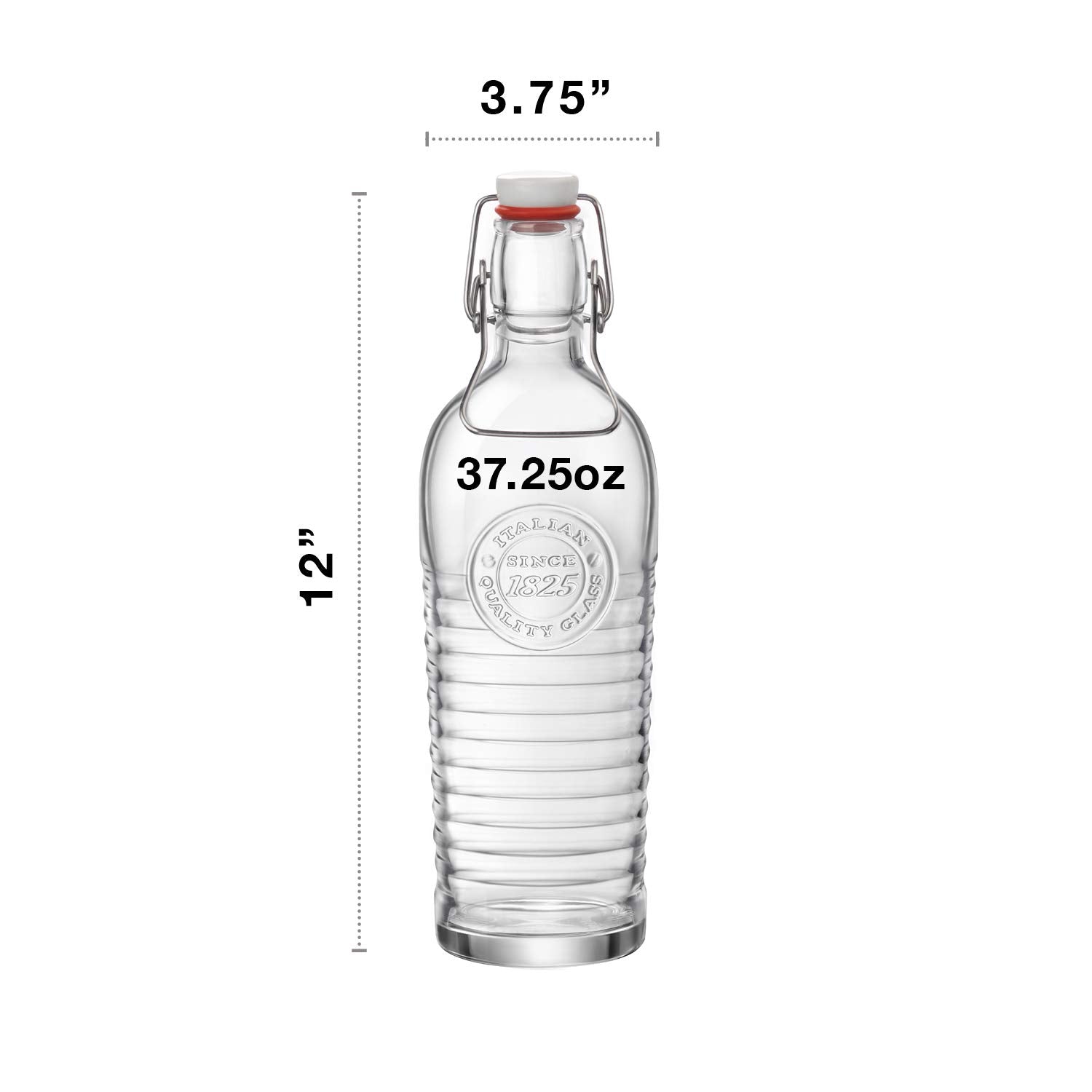 Bormioli Rocco Officina Water Bottle | 37.25 Oz, Italian Glass Pitcher | Airtight Seal & Metal Clamp | Easy To Carry Handle, Dis