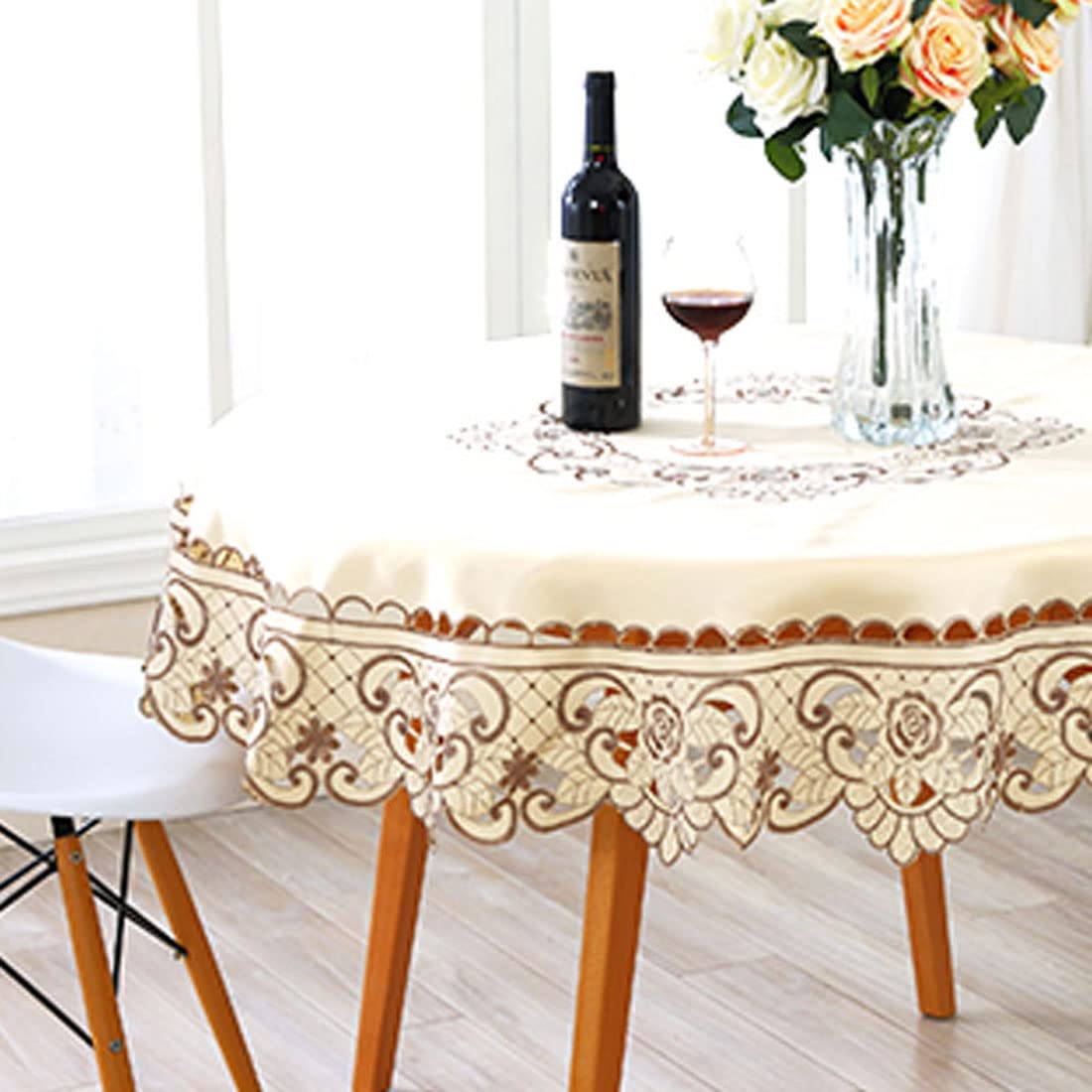 Lelehome 57'' Round Brown Flower Embroidered Beige Tablecloth, Classic Vintage Damask Lace White Table Cloth For Home Kitchen Re