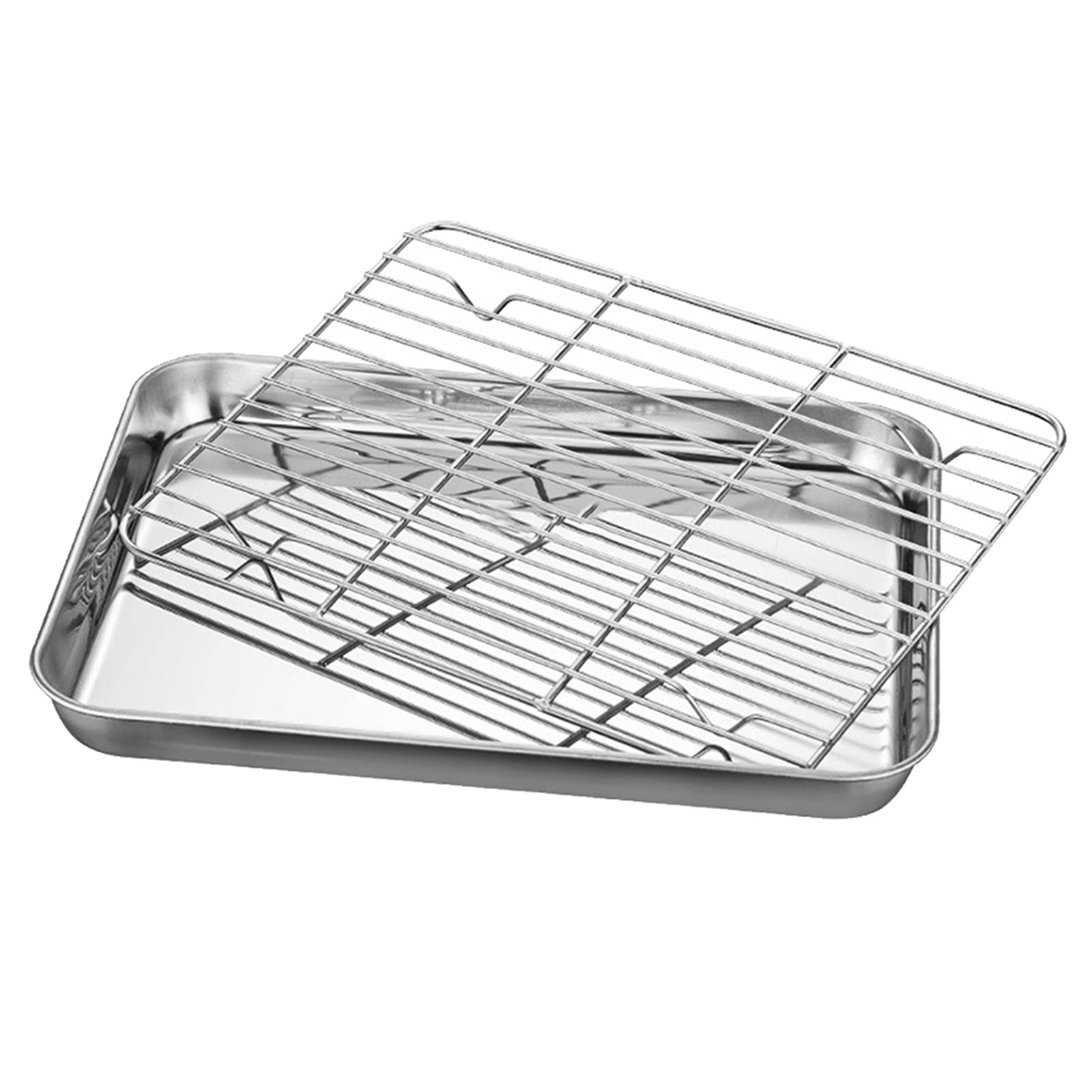 Wowobjects Stainless Steel Flat Bottom Baking Tray with Mesh Set Square Barbecue Plate with Cooling Rack Drip Pan Baking Plate B