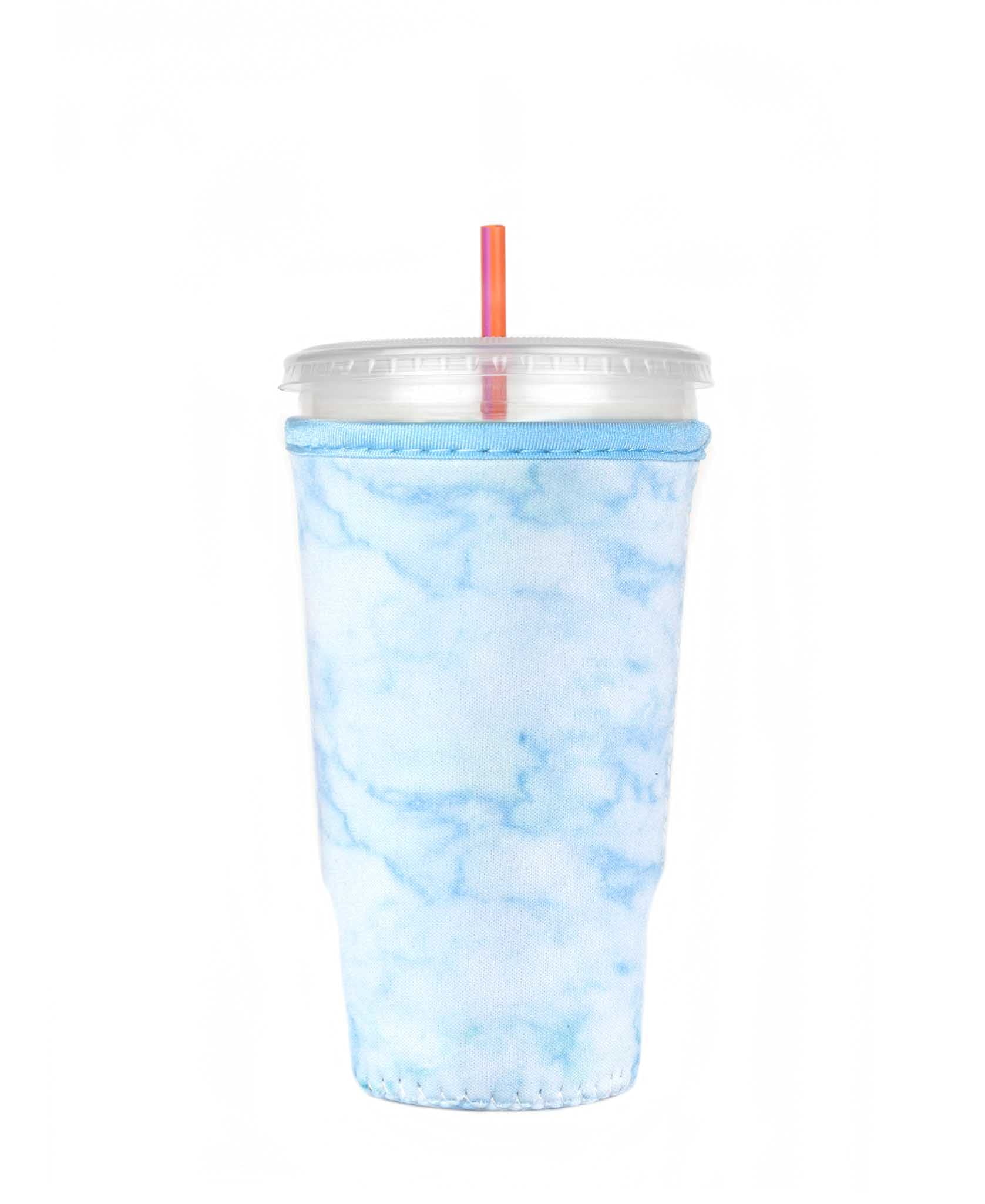Reusable Insulator Neoprene Cup Sleeve For Iced Beverages And Coffee (Light Blue Marble, Large)