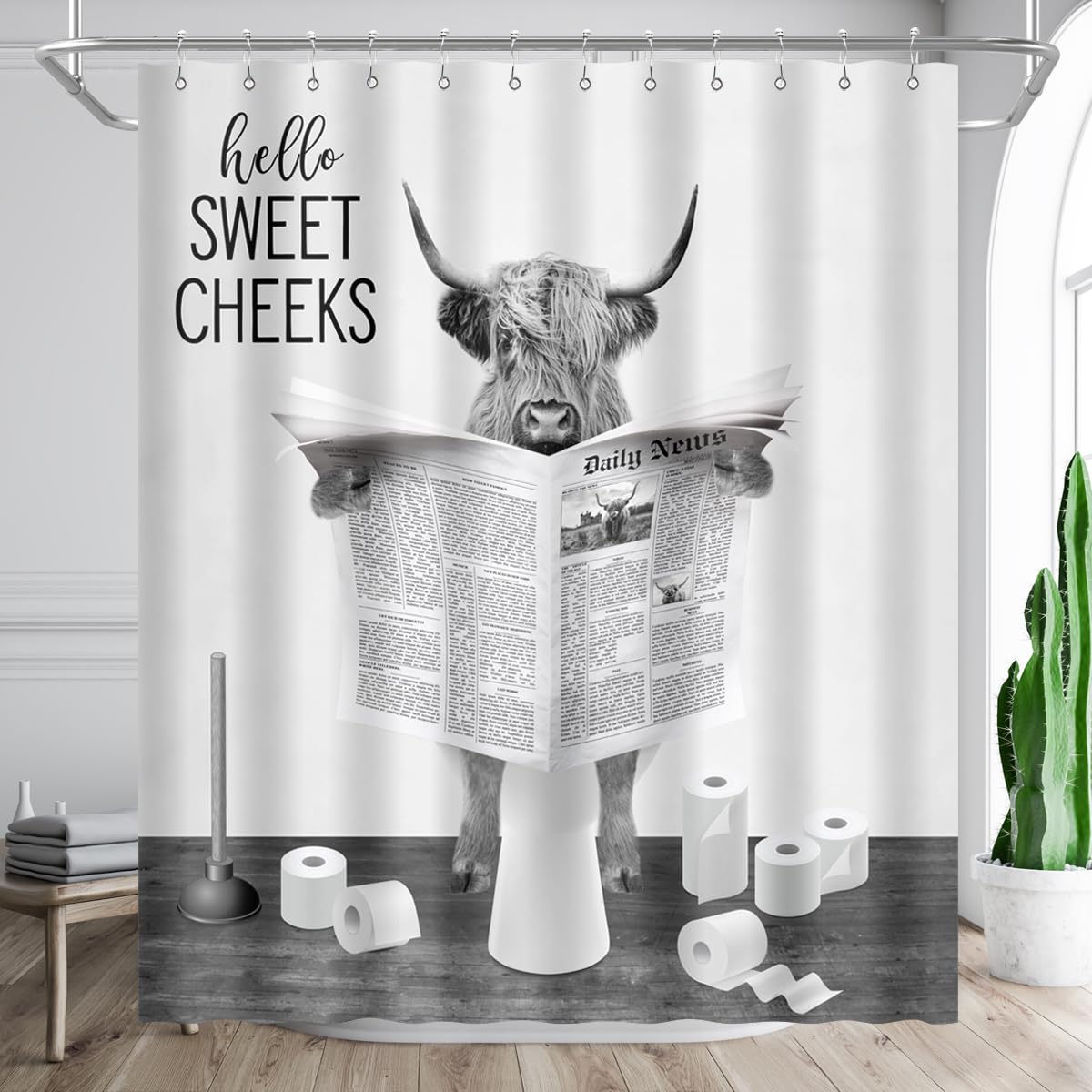Biysuc Highland Cow Reading Newspaper Shower Curtain Funny Black And White Cattle On Toilet Humor Animals Rustic Farmhouse Style