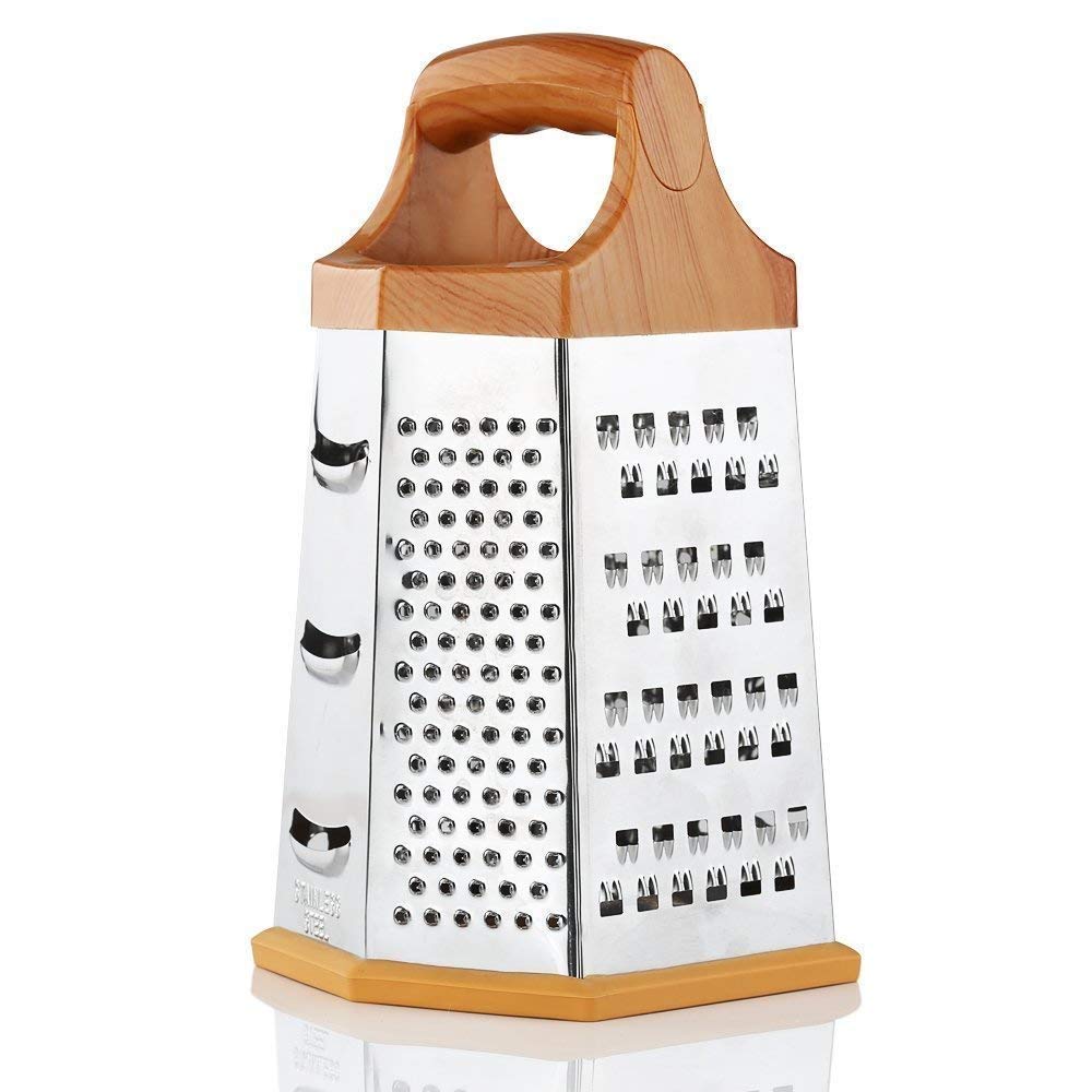 Vaximel 6Sided Stainless Steel Multipurpose Grater And Slicer Wood Finish Removable Rubber For Cut Vegetables, Ginger,Cucumbers