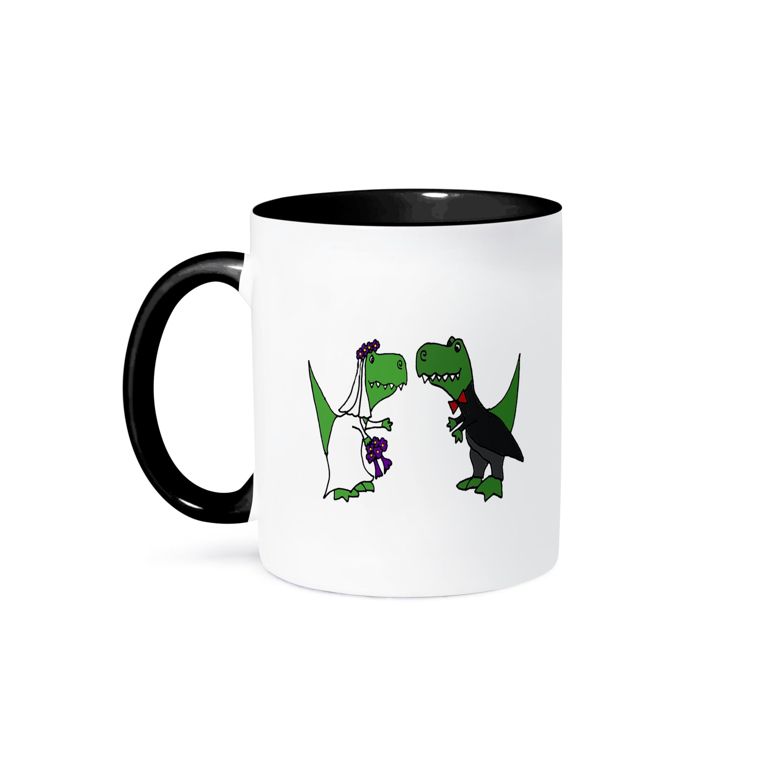 3dRose Funny Trex Dinosaurs Bride and Groom Wedding Art Mug, 11 oz, Black/Green