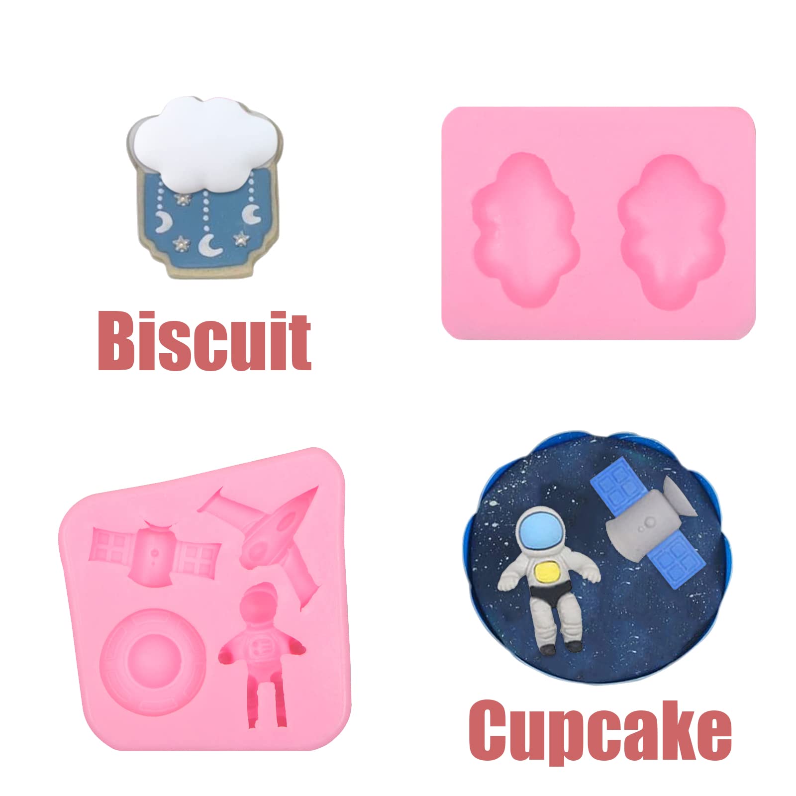 Space Theme Molds 3 Pcs, Spaceship Astronauts Rockets Chocolate Silicone Mold Spacecraft Airplane Cloud Cake Fondant Mold For Ca