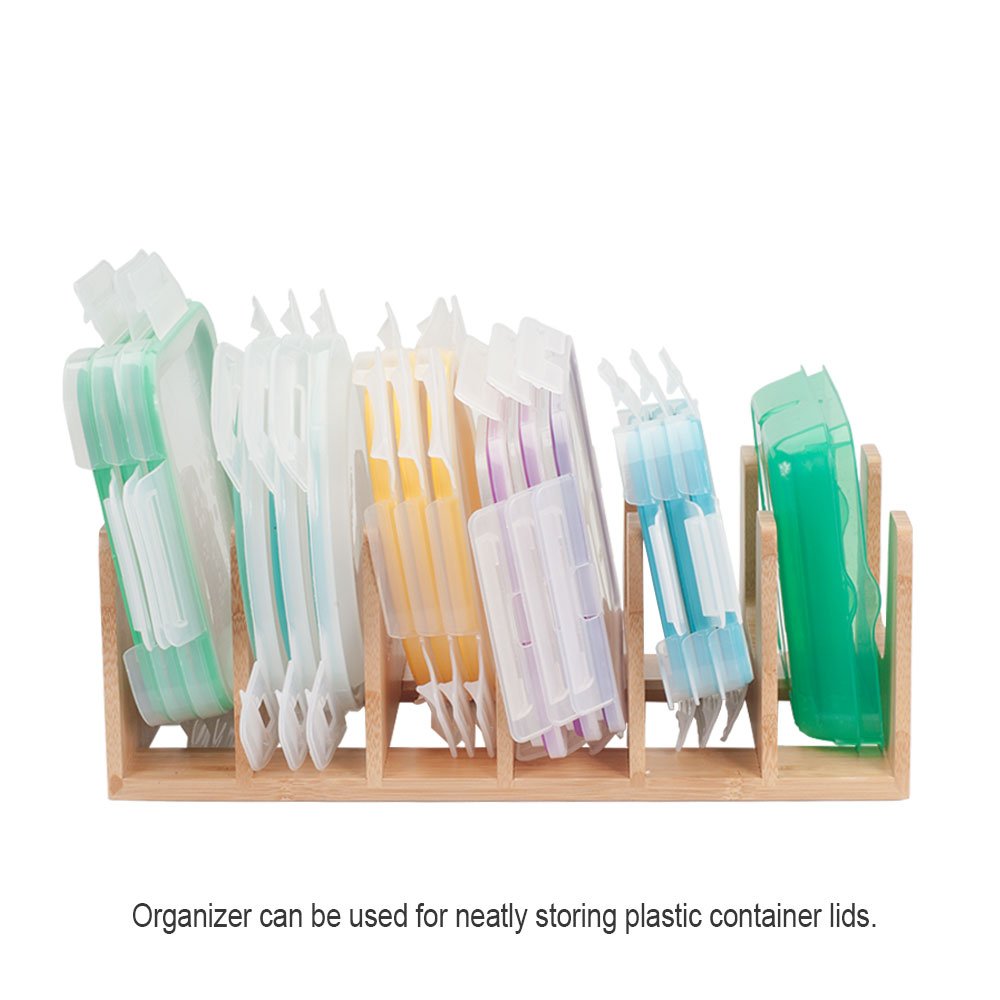 Mobilevision Bamboo Pot Lid Holder Organizer For Storage In Cabinets Or Kitchen Countertops, 6 Sections