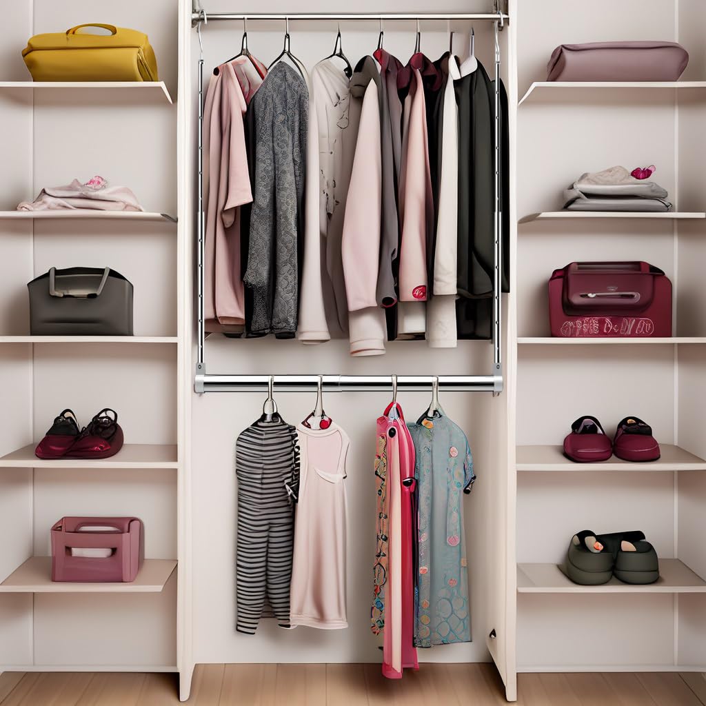 Adjustable Hanging Closet Rod, Extender Hanging Rod, Closet Hanging Organizer, Heavy Duty Closet Bar, Hanging Rod (1 Pack, Chrom