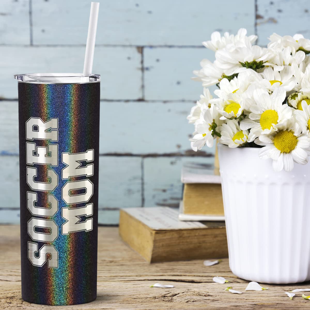 Cuptify Soccer Mom Laser Engraved Skinny Tumbler With Lid And Straw Black Glitter 20 Oz Insulated Stainless Steel Soccer Gift