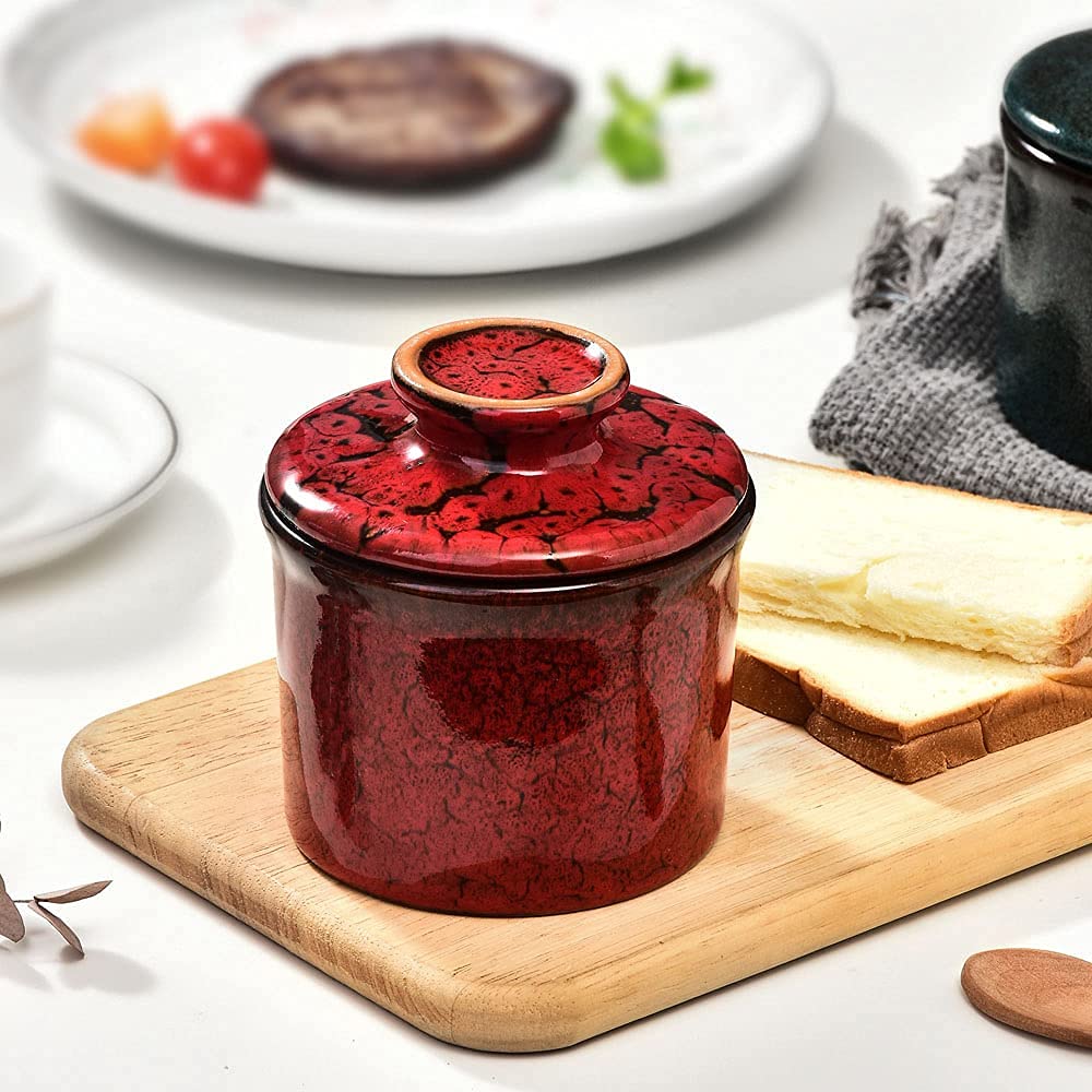 Teapeak Pottery Butter Keeper Crock - Ceramic Dish with Water Line, 3.93x4.3 inches, Blue