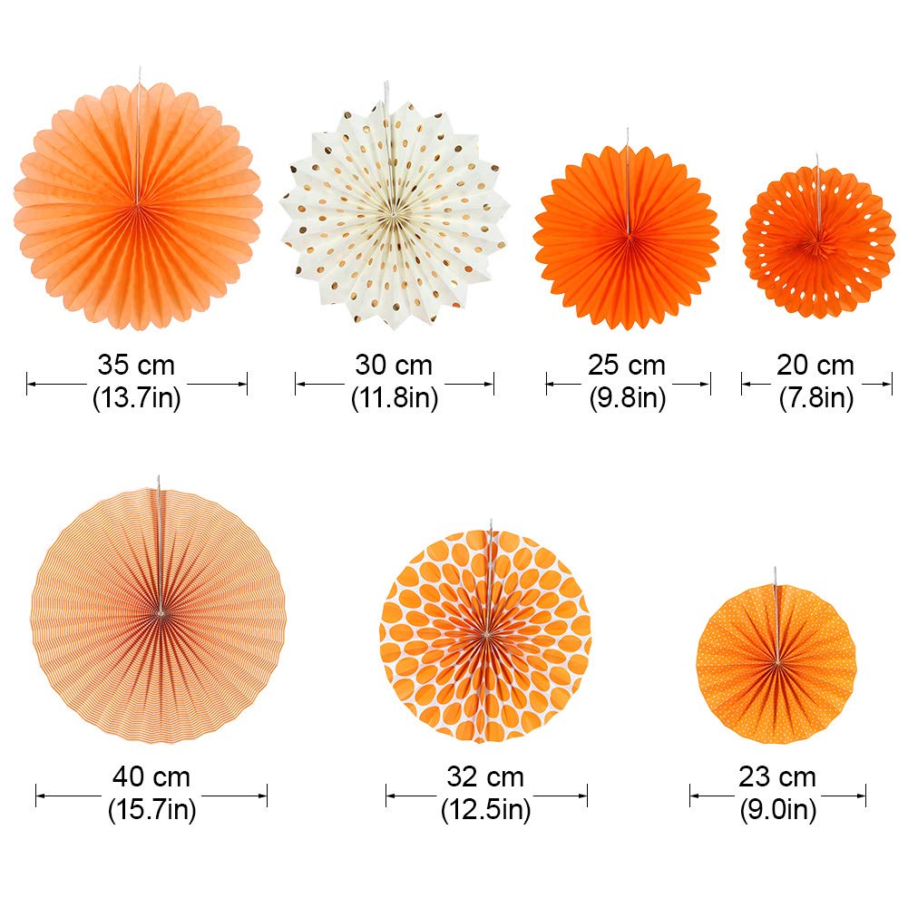 Sunbeauty Pack Of 7 Hanging Paper Fans Collection Orange Paper Fans Home Party Photo Backdrop Decorations