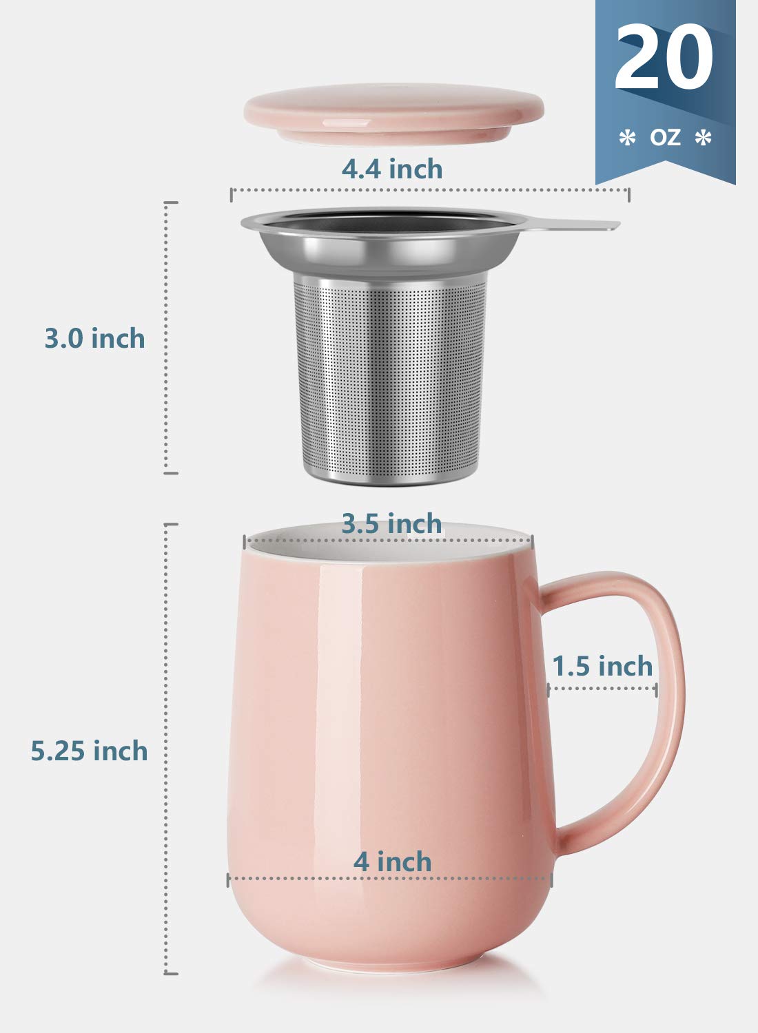Sweese 20 Oz Porcelain Tea Mug With Infuser And Lid, Loose Leaf Tea Cup, Gifts For Tea Lover - Pink