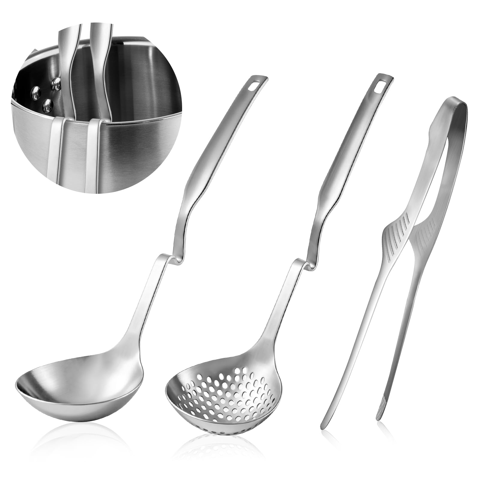 3 PCS Soup Ladle Pot Colander & BBQ Tongs Hotpot Kit  Shabu Shabu Utensils Set for Camping, Barbecue & Kitchen Cooking Ladle Se