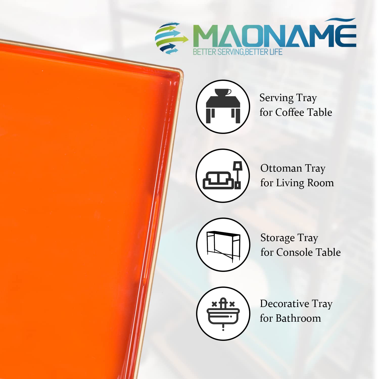 MAONAME Decorative Tray  Orange Serving Tray with Handles  Coffee Table Tray  Square Plastic Tray for Ottoman  Bathroom  Kitchen  13''x13''x1.57''