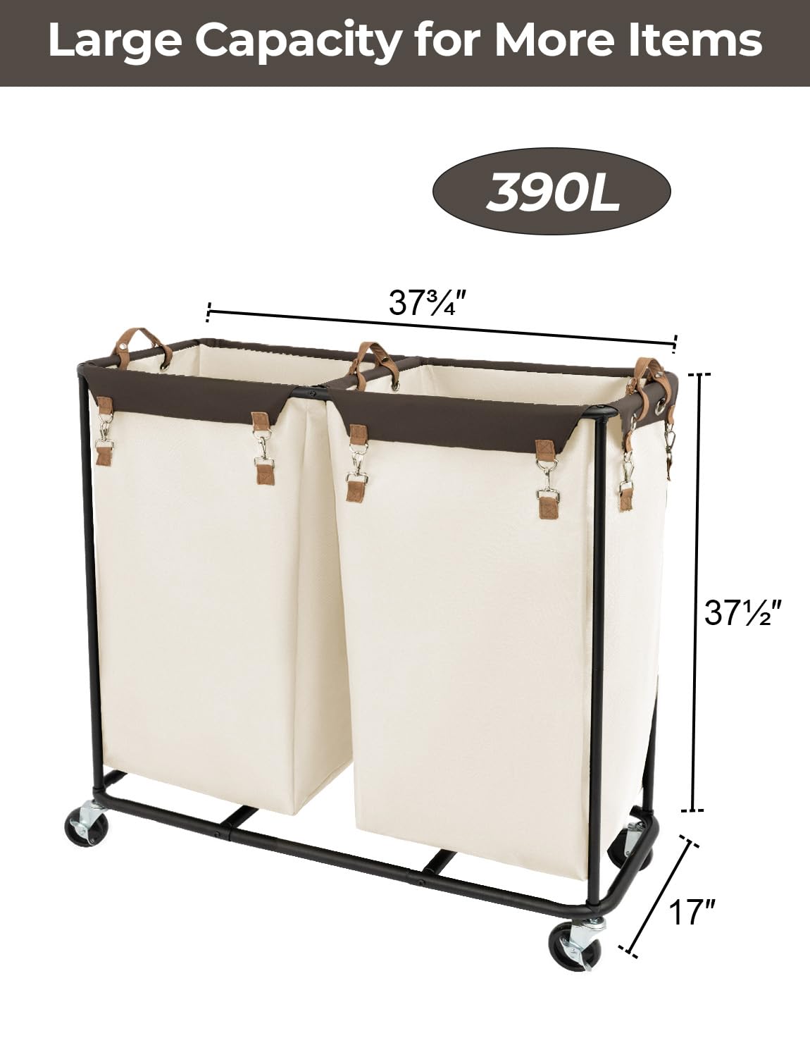 Storageworks Laundry Sorter Cart With 2 Sections, 390L Laundry Cart With Wheels, Extra Large Double Laundry Hamper, Laundry Bask