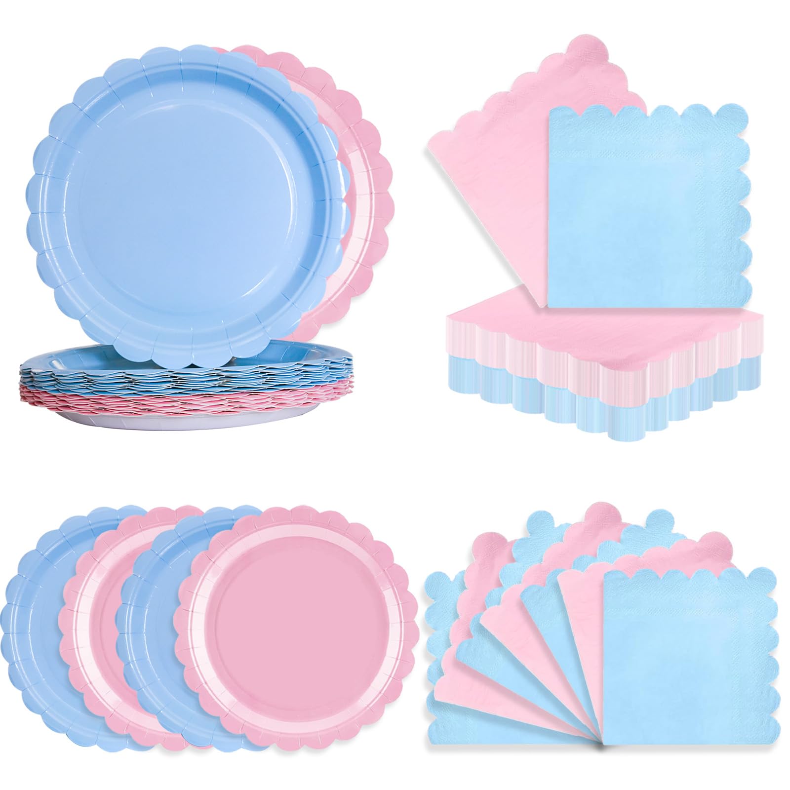 50 Pcs Gender Reveal Paper Plates and Napkins for Boy or Girl Themed Party, 7 Light Pink and Blue Birthday Party Scalloped Desse