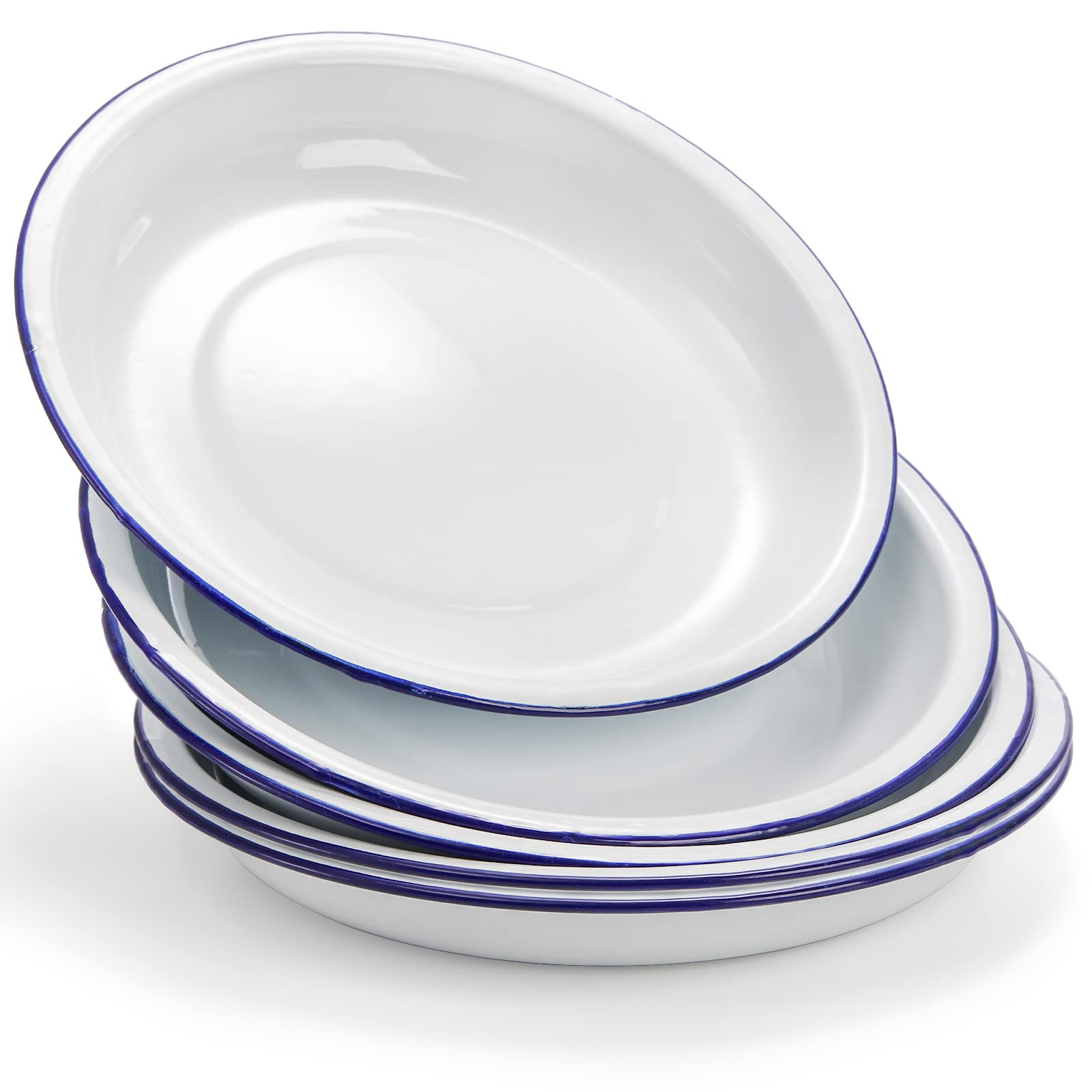 Dicunoy Set of 5 Enamel Plates, 9.5 Unbreakable Enamelware Dinner Serving Platter Trays, Retro White Round Shallow Bowls with Bl