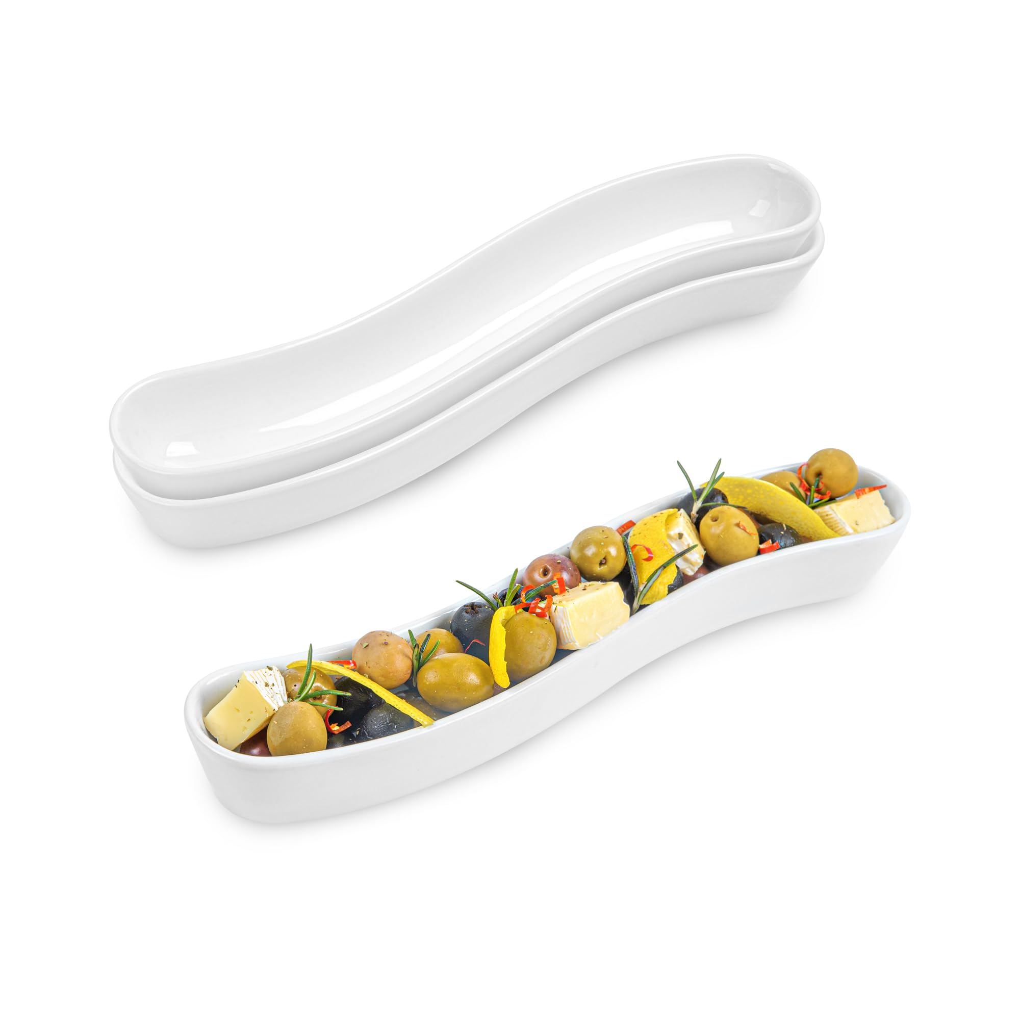 Restaurantware Swerve 10 Ounce Olive Plate 1 Curved Olive Tray - Medium Chip Resistant White Porcelain Olive Canoe Dishwasher Sa