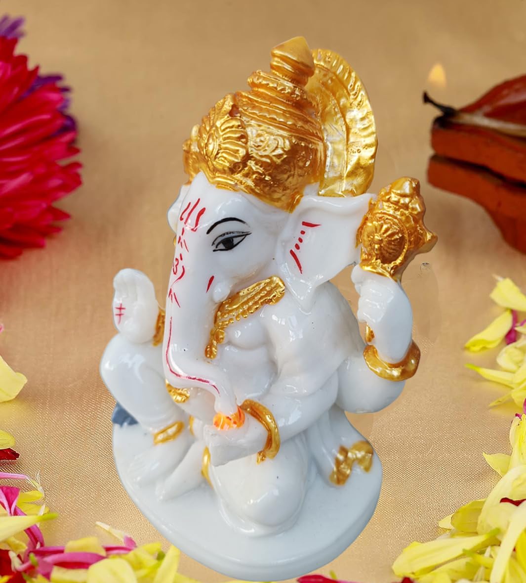 Rudram Arts Marble Finishing Ganesha Statue Ganesh Ganpati Idols For Home Office Decor (12 Cm X 7 Cm)