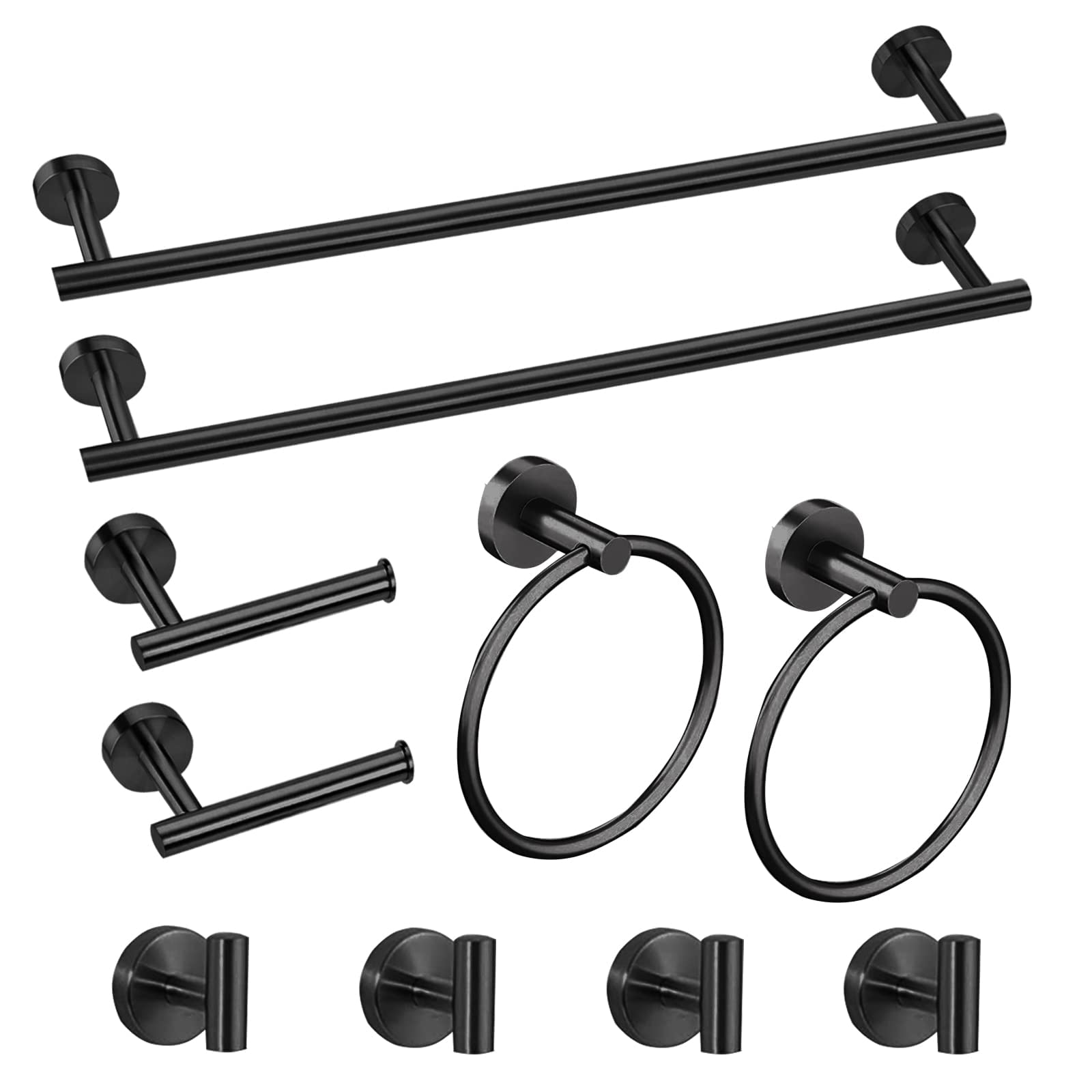 Cilee 10 Piece Matte Black Bathroom Accessories Set, 24Inch Black Towel Bar Ring+Toilet Paper Holder+ Robe Towel Hook Sus304 Sta
