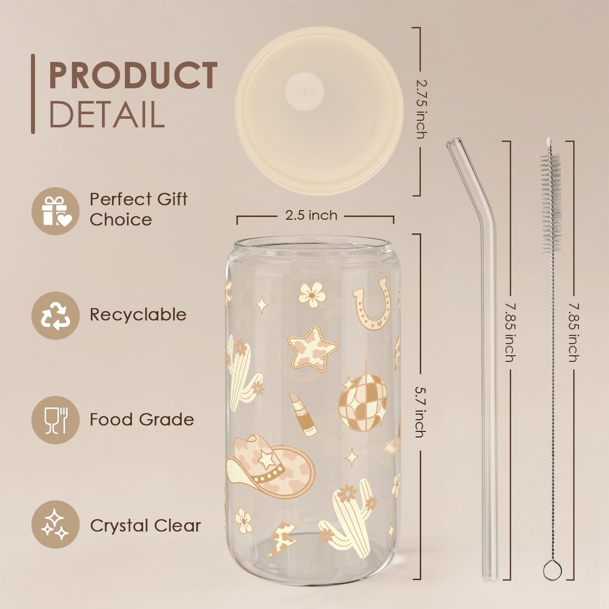 Western Cowgirl 16oz Can Glass Tumbler with Acrylic Lid & Straw, Iced Coffee Cup for Women, Aesthetic Cups Gifts for Birthday Ch