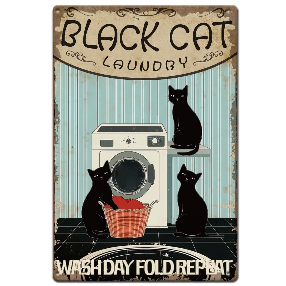 SUPERDANT Black Cat Metal Tin Sign Vintage Laundry Room Sign Washday Fold Retro Metal Poster Art Tin Sign Black Cat Washroom Dec