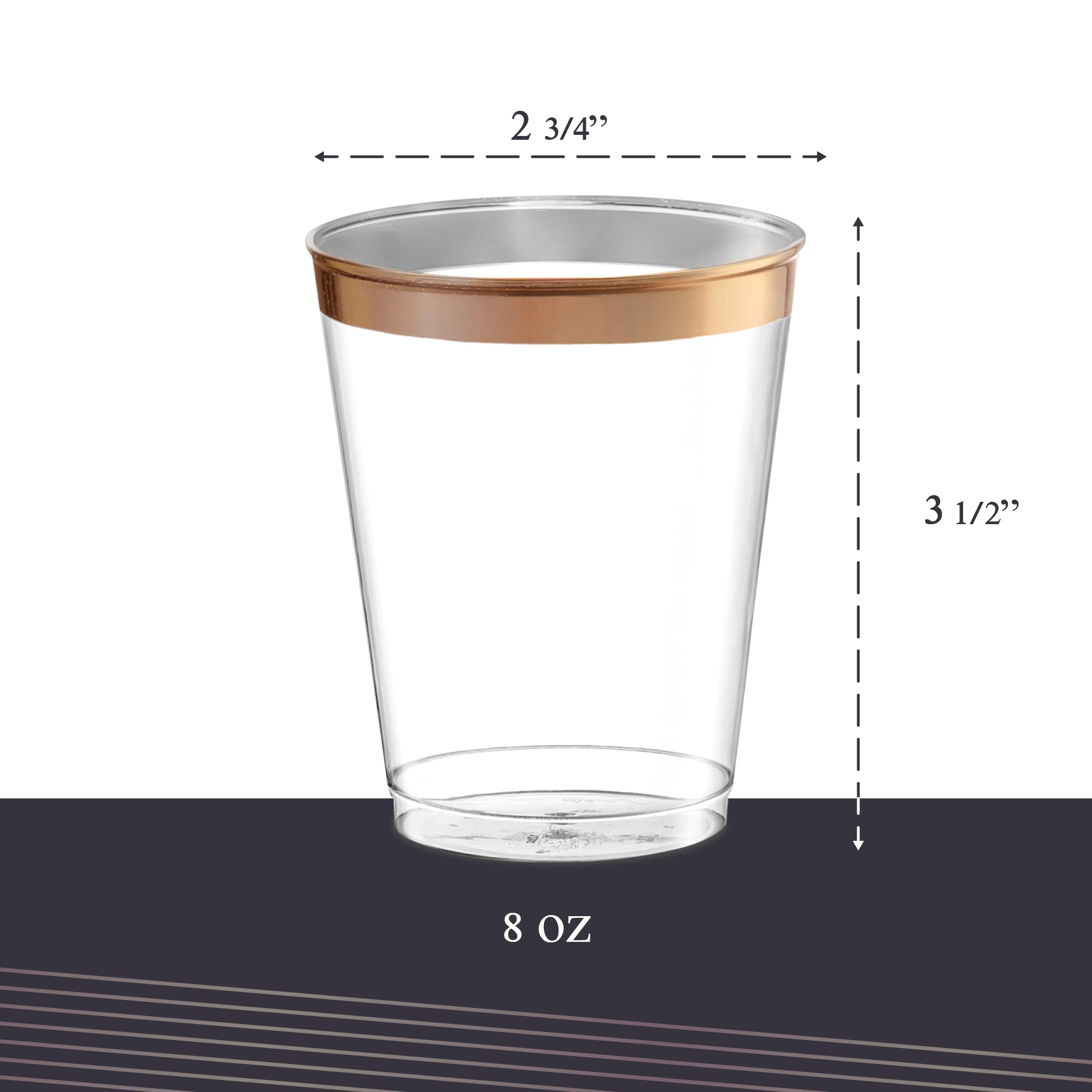 Plasticpro Disposable 8 Oz Crystal Clear Plastic Tumblers With Rose Gold Rim For Party'S & Weddings Pack Of 50