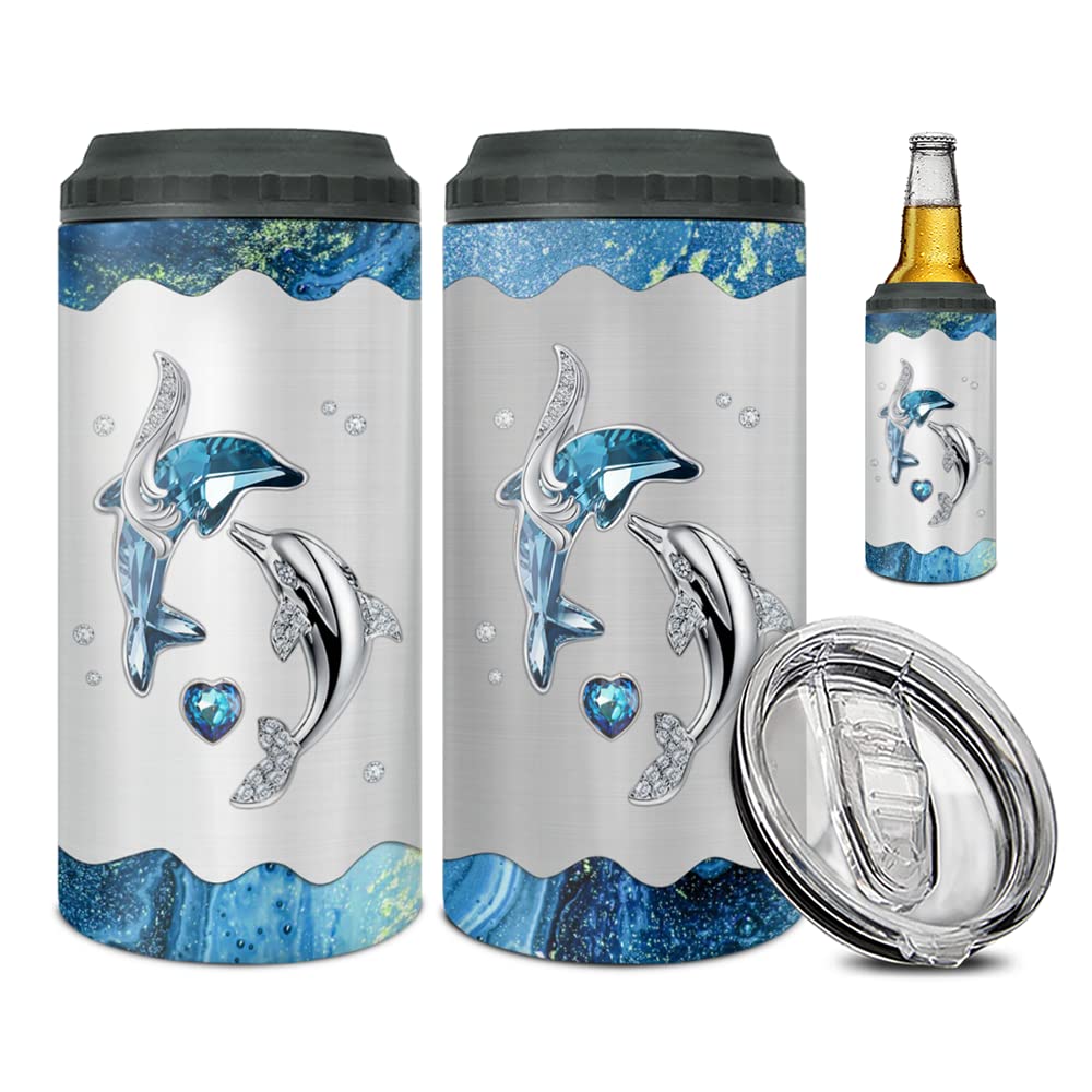 Wassmin Dolphin Tumbler Can Cooler 4-In-1 Dolphin Gift For Women Girls Teen Dolphins Jewelry Drawings Stainless Steel Insulated