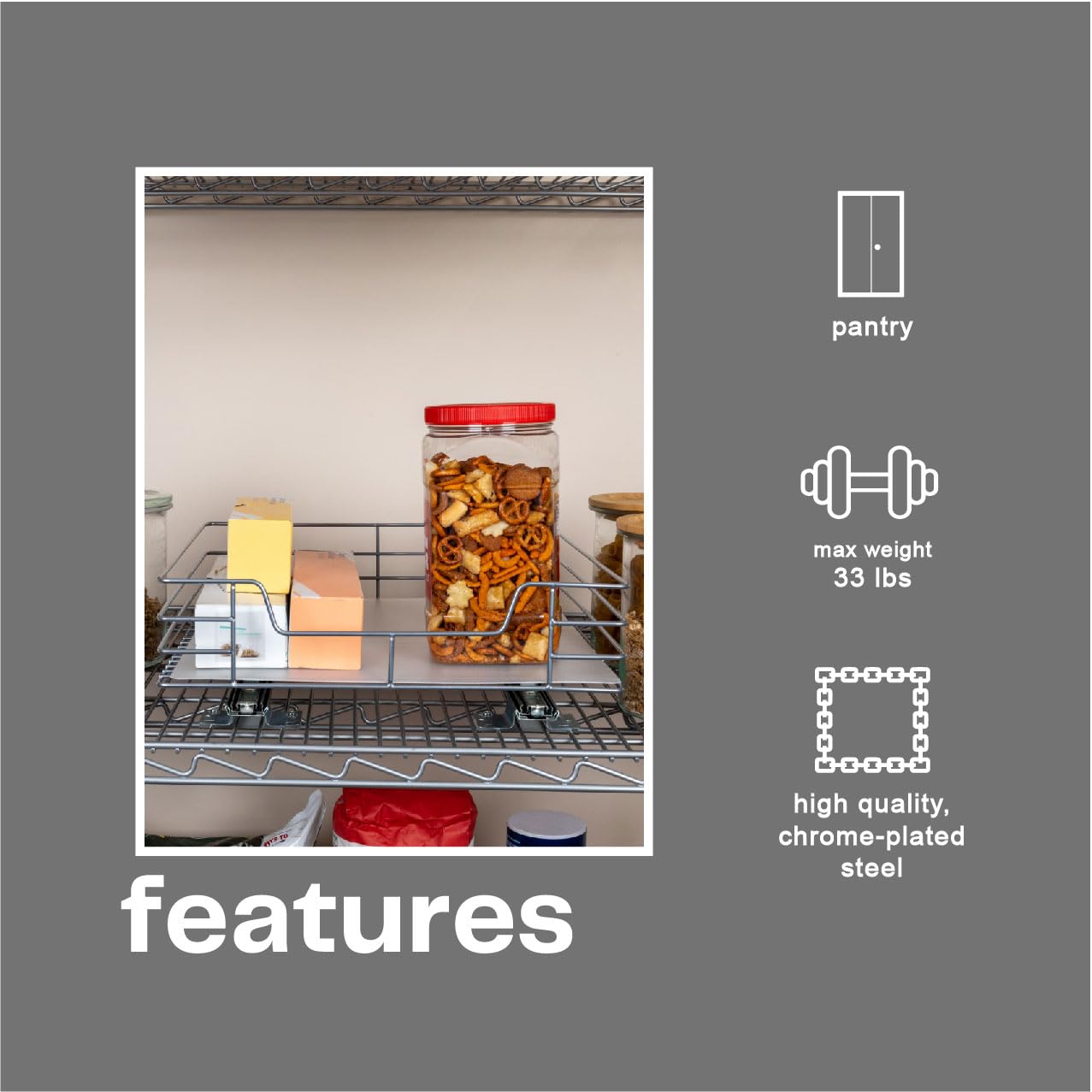 Household Essentials Sliding Pantry Organizer, 4.92'' H X 14.96'' W X 15.94'' D, Strong Powder-Coated Steel Frame, Durable And V