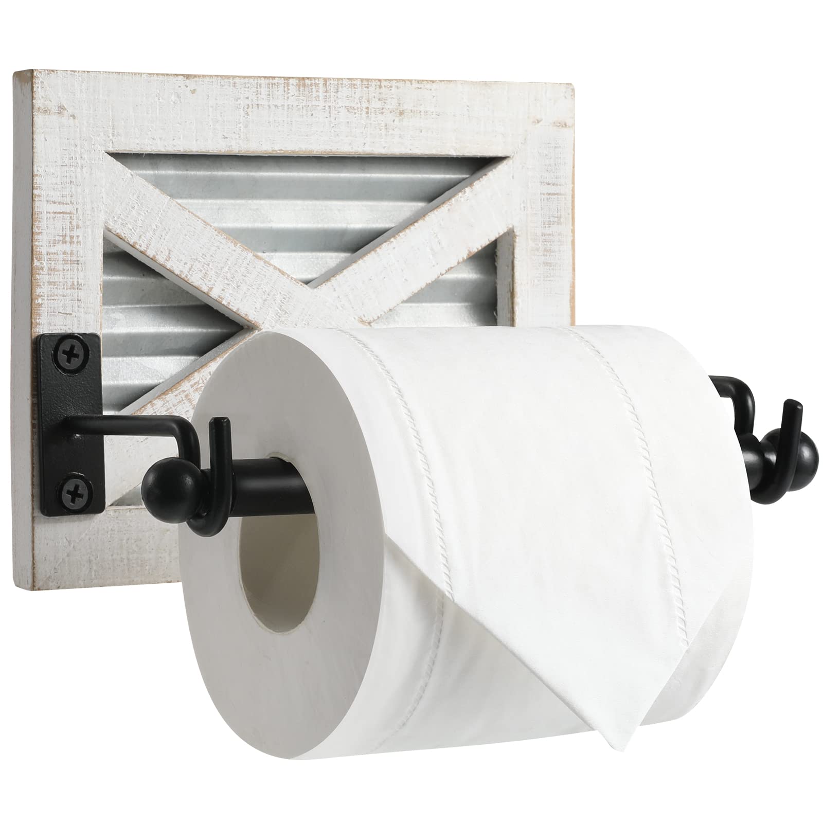 Farmhouse Toilet Paper Holder With Galvanized Metal& Black Metal - Rustic Weathered White Wood Wall Mount Toilet Roll Holder For