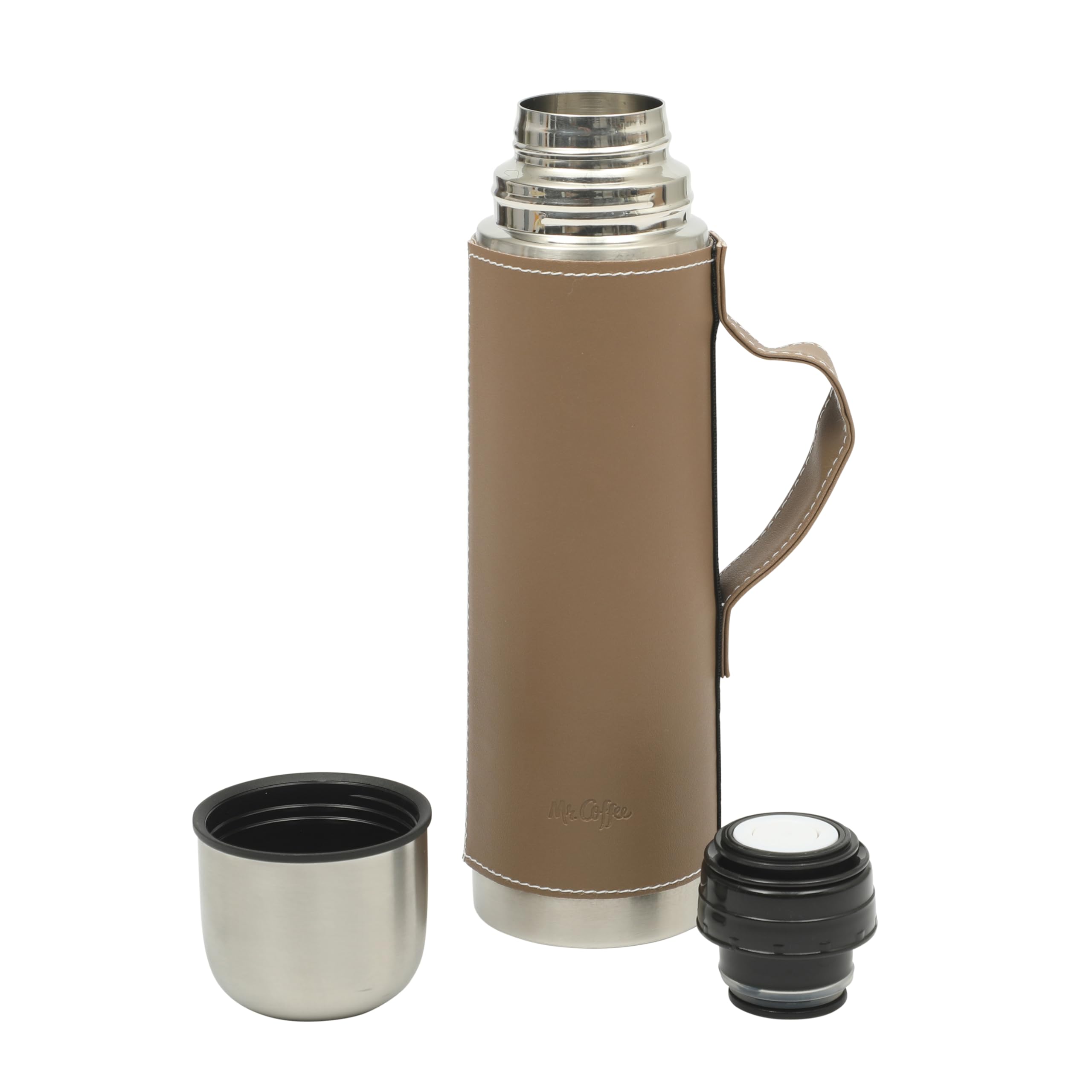 Mr. Coffee Leatherette 23 oz Stainless Steel Thermal Bottle - Double Wall Insulated Flask with Faux Leather Sleeve & Carry Handl